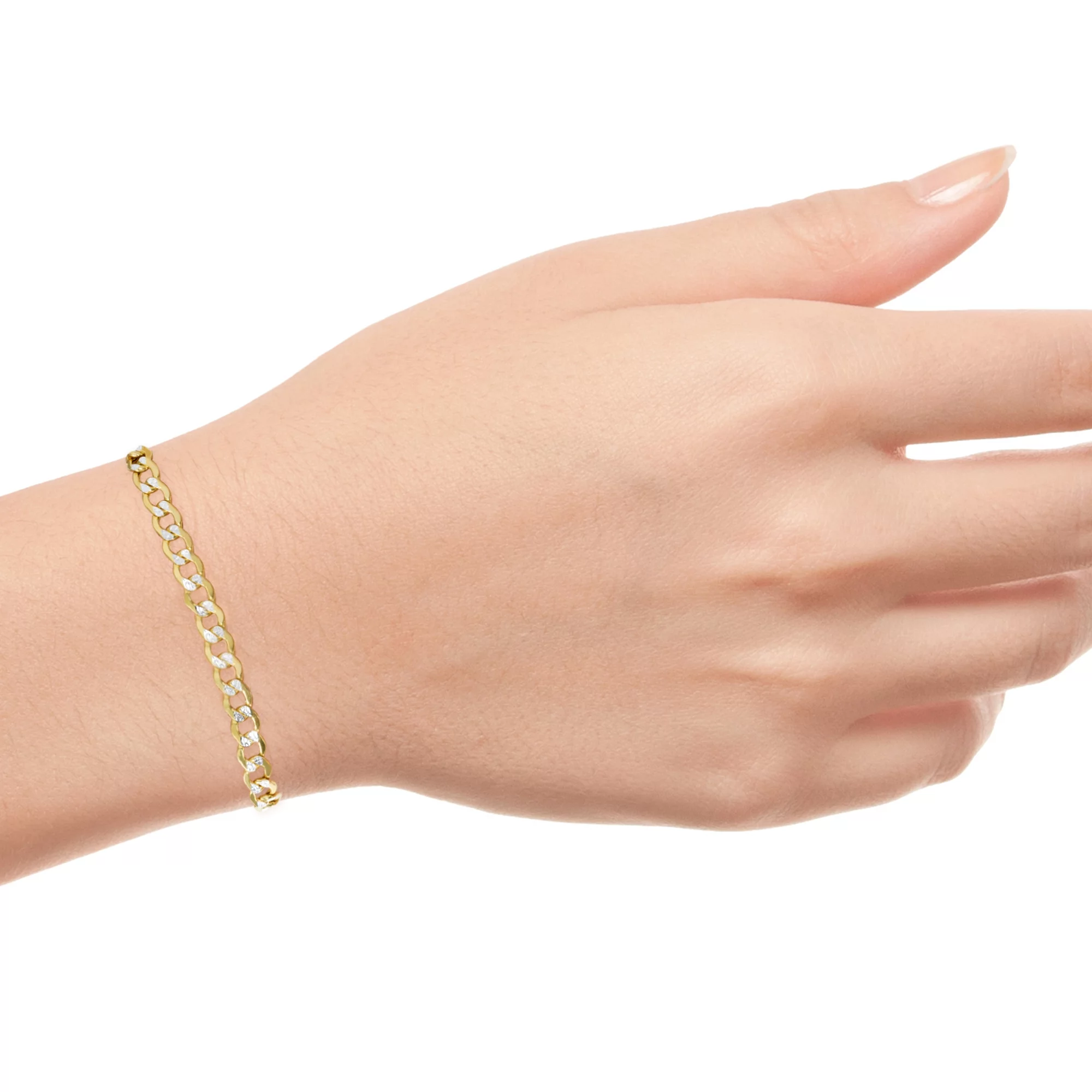 Nuragold 10k Yellow Gold 4.5mm Cuban Chain Curb Link Diamond Cut Pave Two Tone Bracelet, Mens Womens Jewelry 7