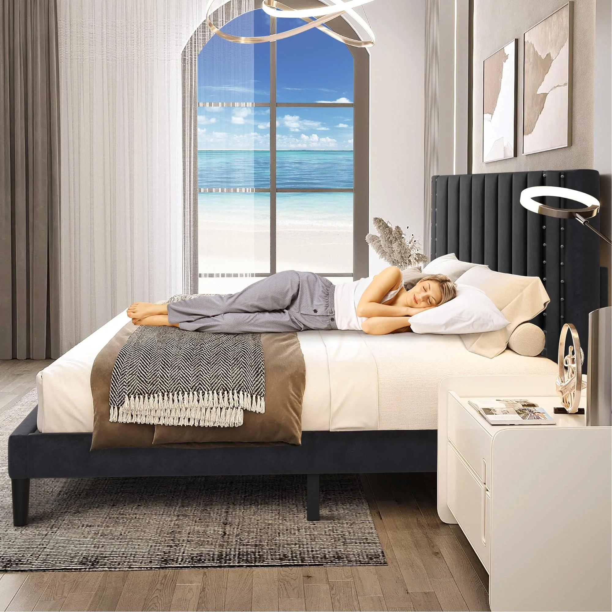 Segmart Queen Size Velvet Upholstered Bed Frame with Rivets Headboard, Platform Bed with Wooden Slats Support, Fully Upholstered Mattress Foundation, No Box Spring Needed, Black