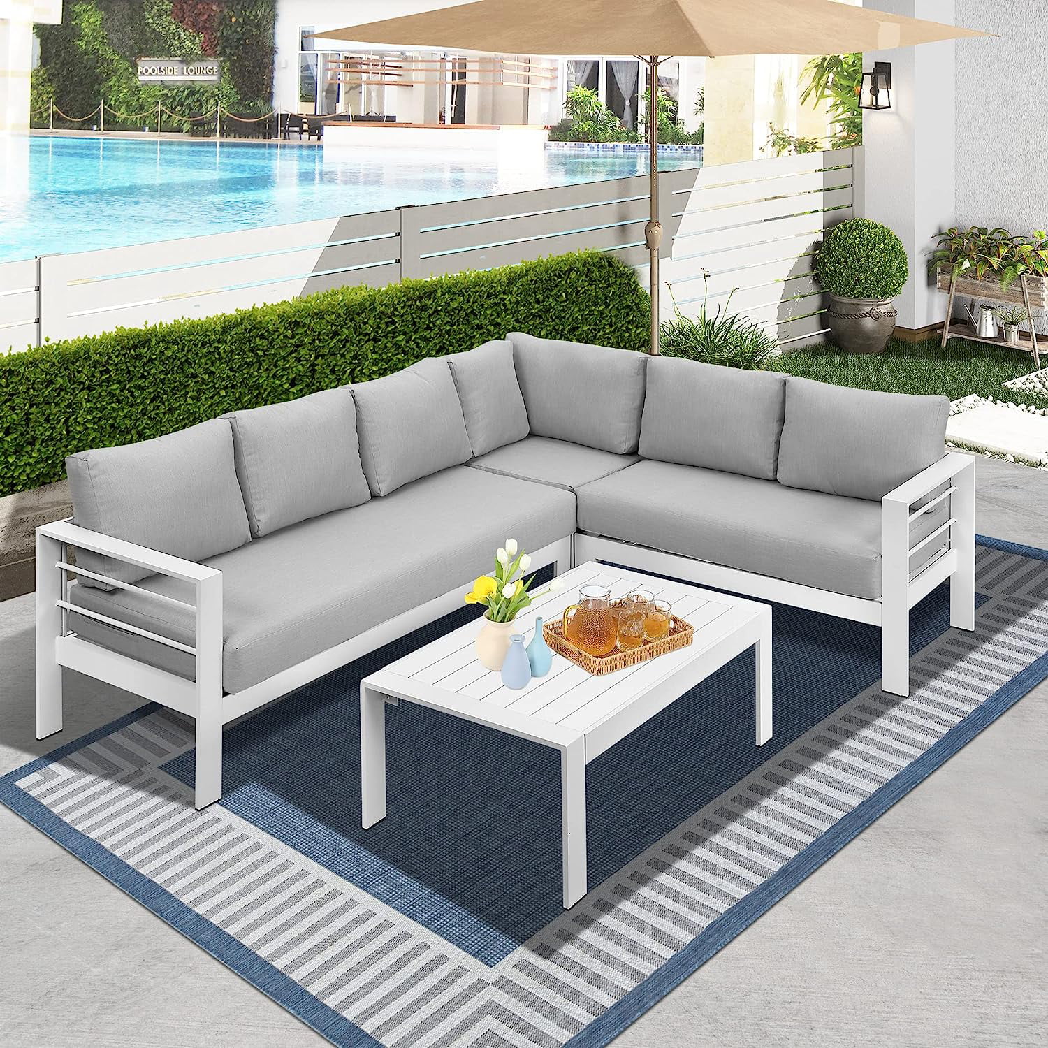 Lane Aluminum Outdoor Patio Furniture Set  Metal Outside Patio Furniture Conversation Sets with Dining Table&2 Ottomans  Sectional Sofa Couch Seating Set with Cushion for Backyard