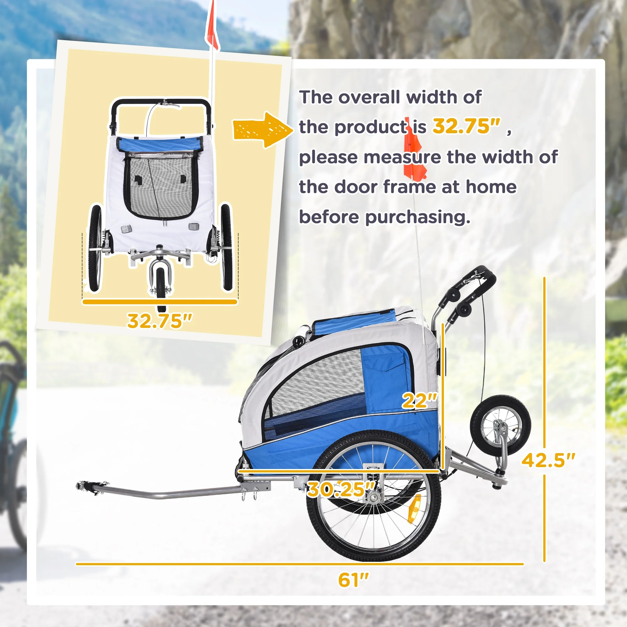 Aosom Dog Bike Trailer 2-In-1 Pet Stroller with Canopy and Storage Pockets, Blue