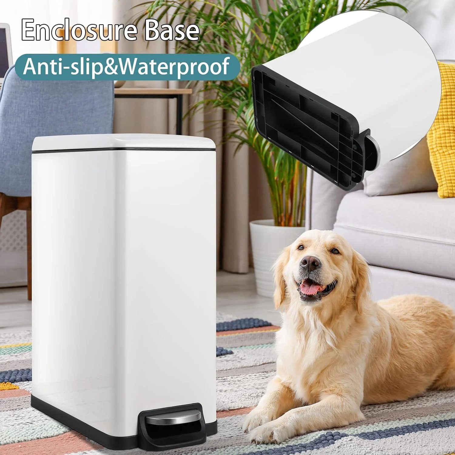 LAZY BUDDY Slim Trash Can, 13 Gallon Step Trash Bin with Lid 50 L Stainless Steel Garbage Can White Wastebin for Kitchen Bathroom