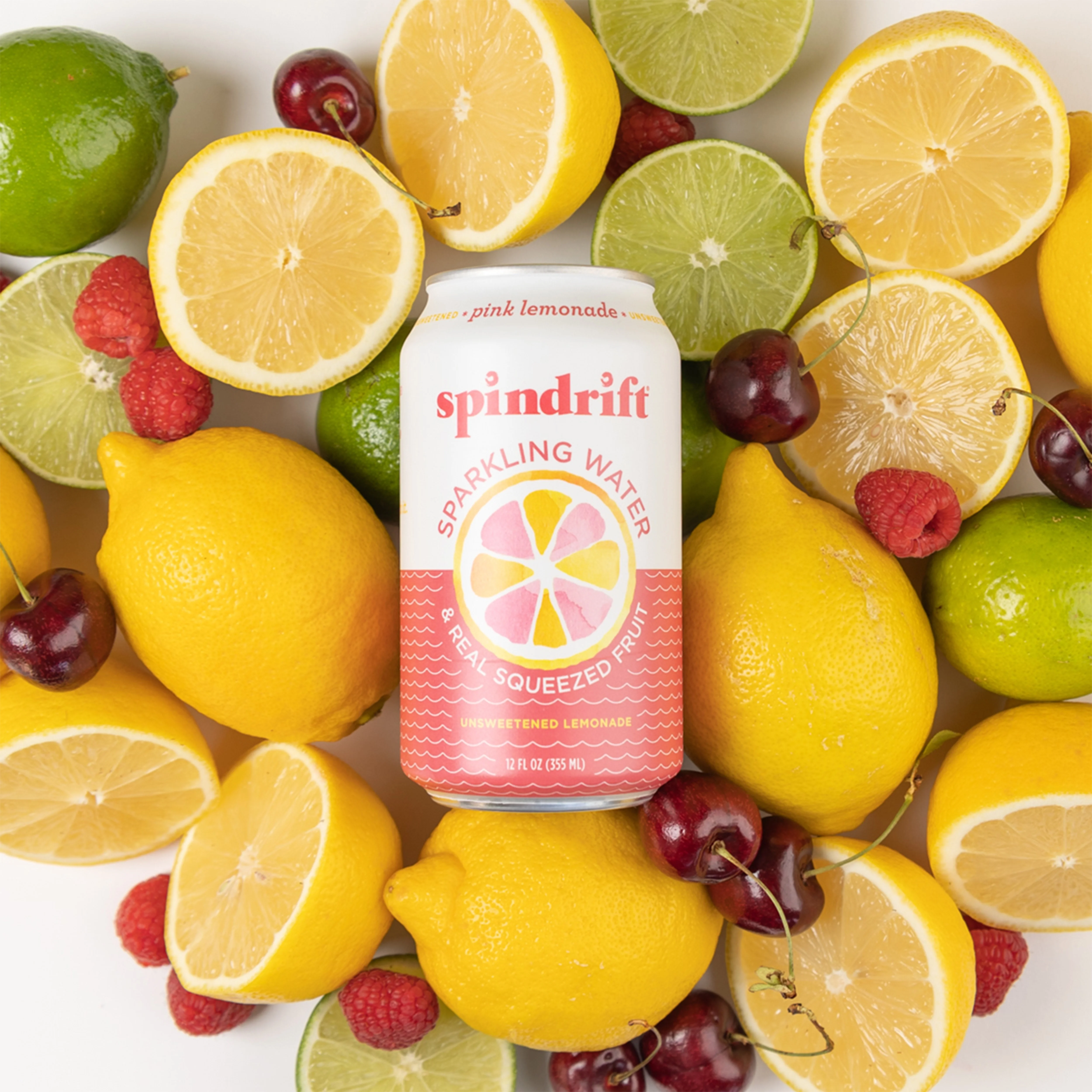 Spindrift Sparkling Water, Pink Lemonade, Made with Real Squeezed Fruit, 12 fl oz, No Sugar Added, 10 Calories per Can