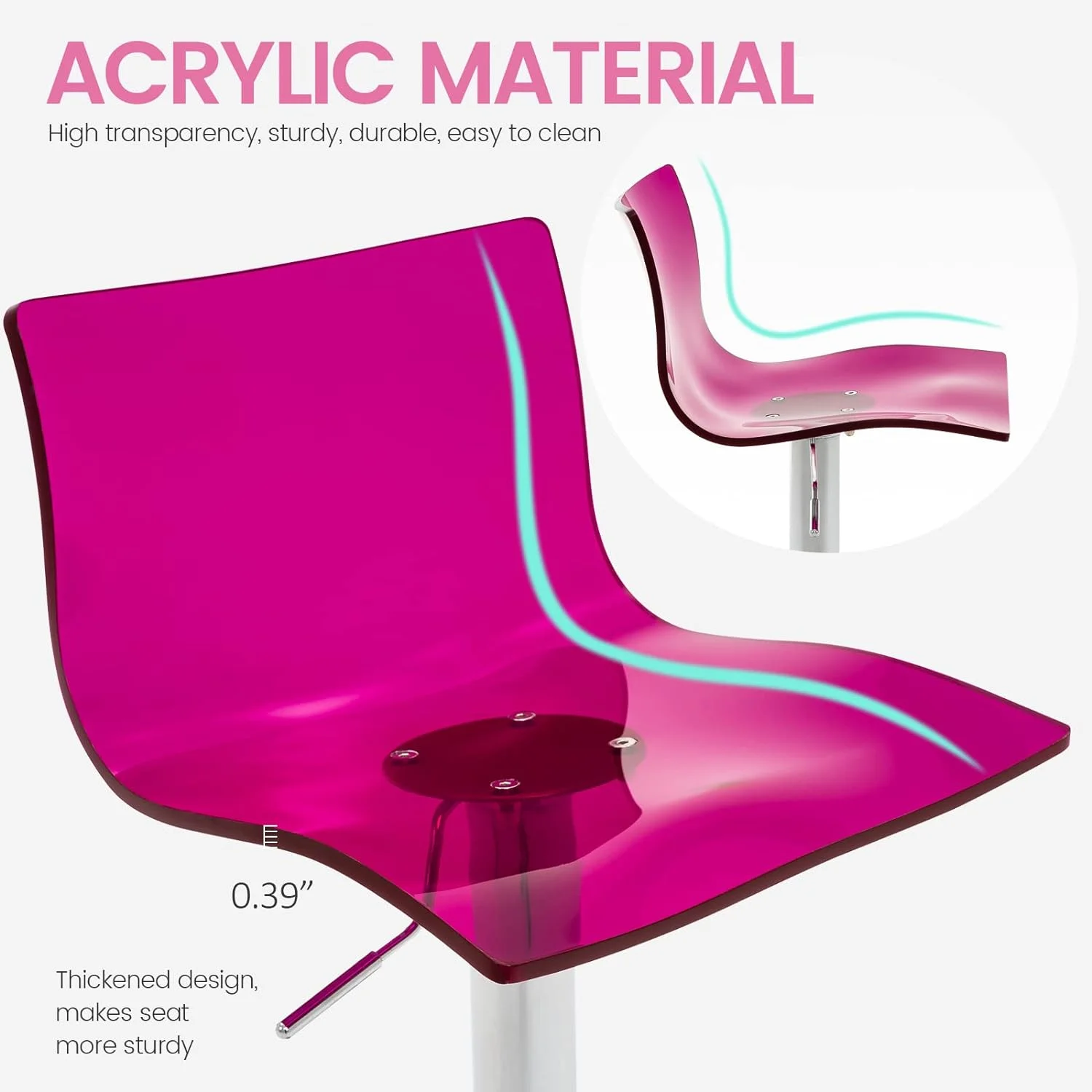 U-SHARE  Acrylic Bar Stools with Mid Back, Set of 2, Transparent Adjustable Swivel Airlift Barstools, Counter Height Bar Chairs for Kitchen Dining Room Pub Cafe (Clear)