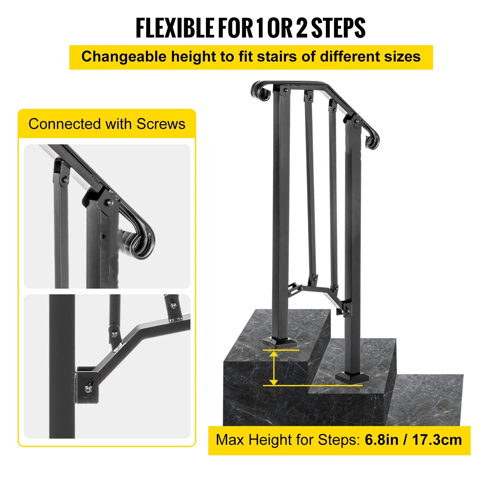 BENTISM Iron Handrail Picket Fits 1 or 2 Steps #1 RAILING Rail Paver Home Black