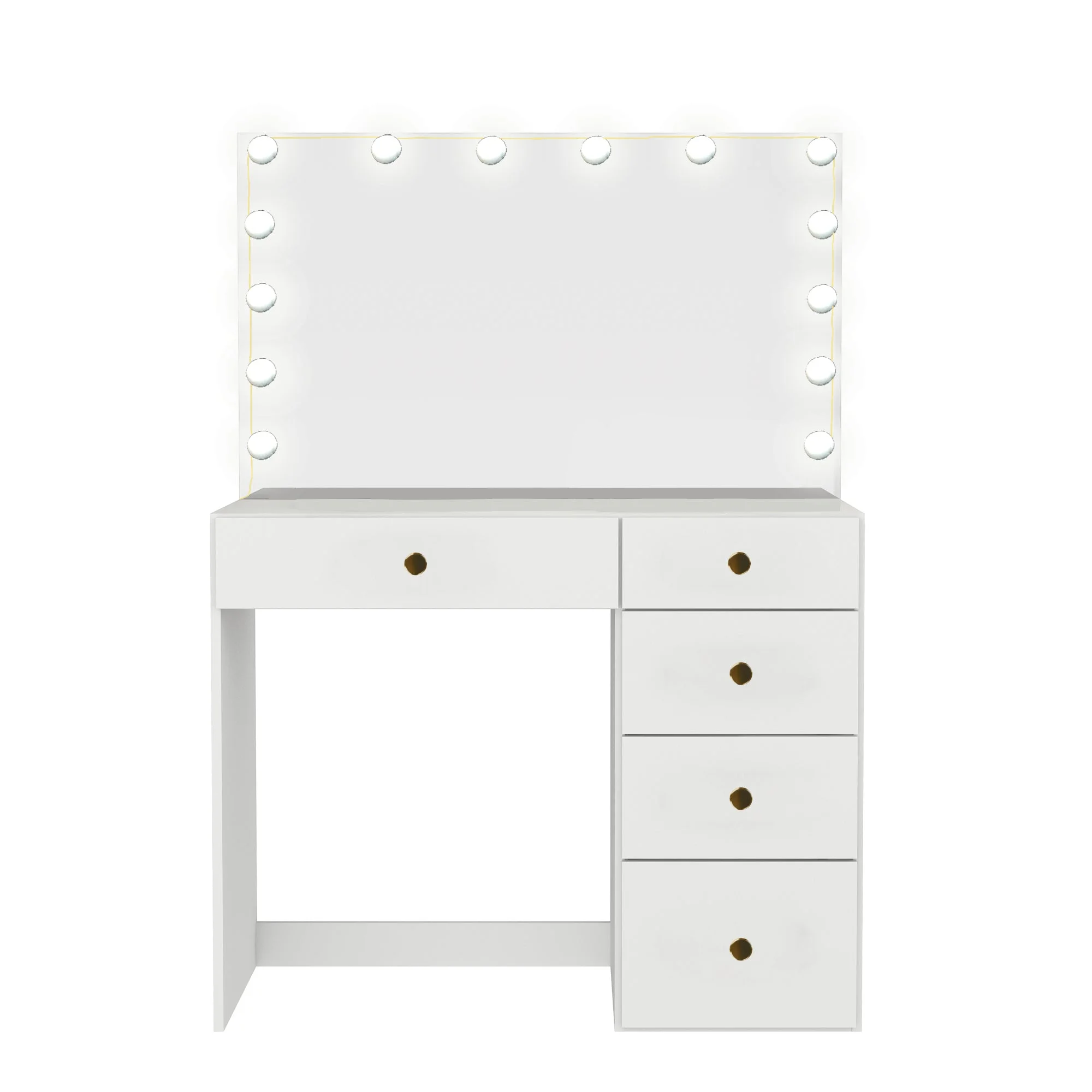 Boahaus Amelia PRO Modern Vanity Desk with 5 Drawers, Lights, Golden Knobs, Wide Mirror, White