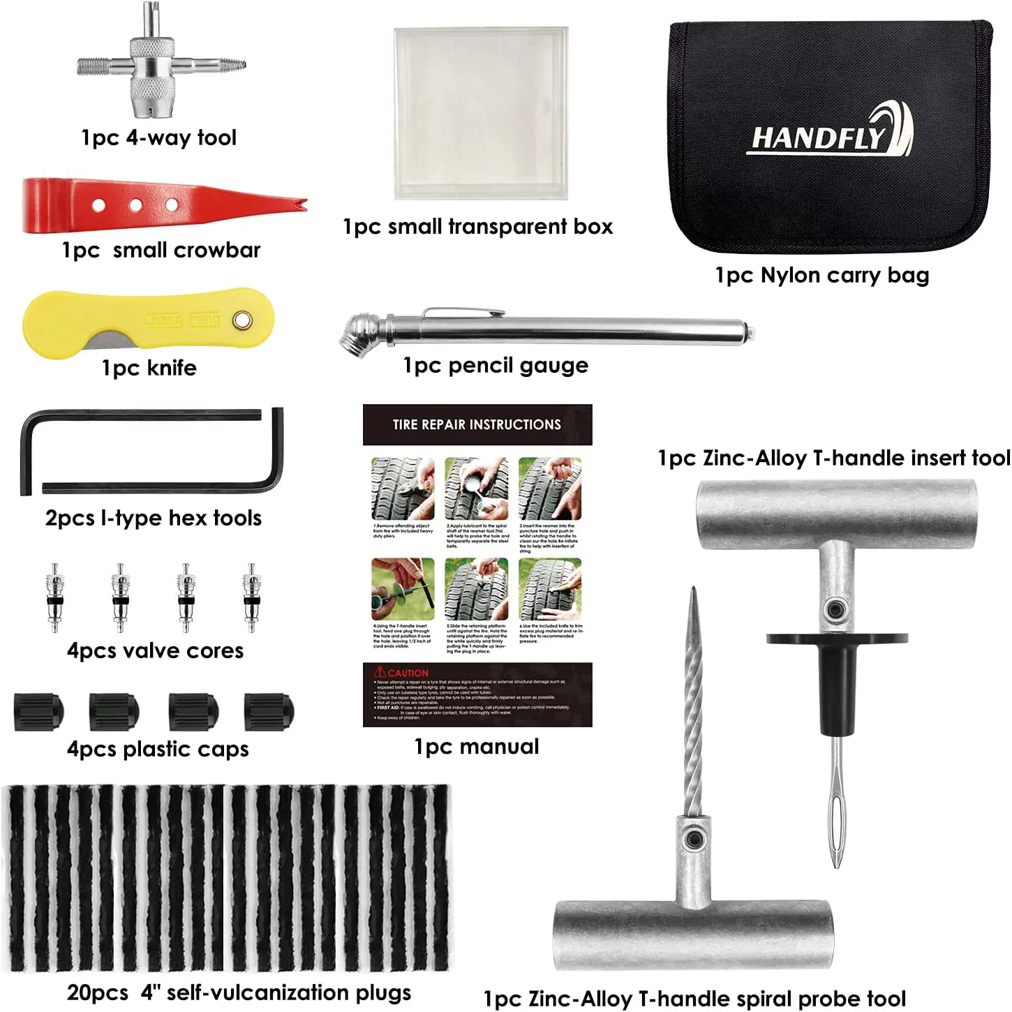 Handfly Tire Repair Kit with Plug for Car, Motorcycle, Truck (39pcs)