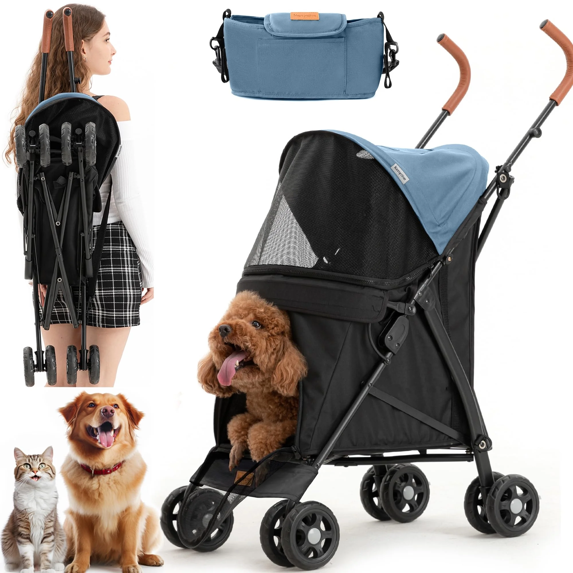 3 in 1 Folding Pet Dog Stroller, Dog Cat Stroller with Storage Basket and Cup Holder Portable Travel Carriage 4 Wheels for Small Medium Cats, Dogs and Puppy (Blue)
