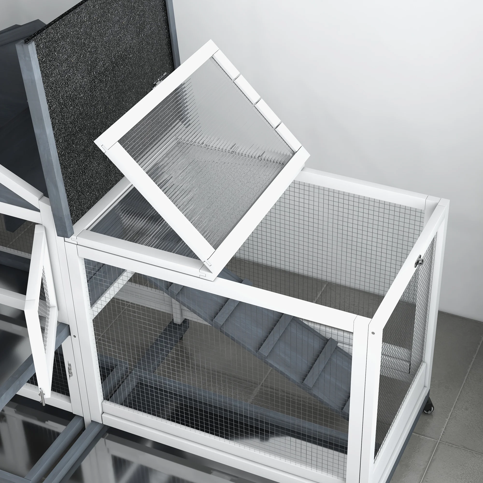 PawHut Wooden Rabbit Hutch with Wheels, Openable Roof, Storage Box, Gray