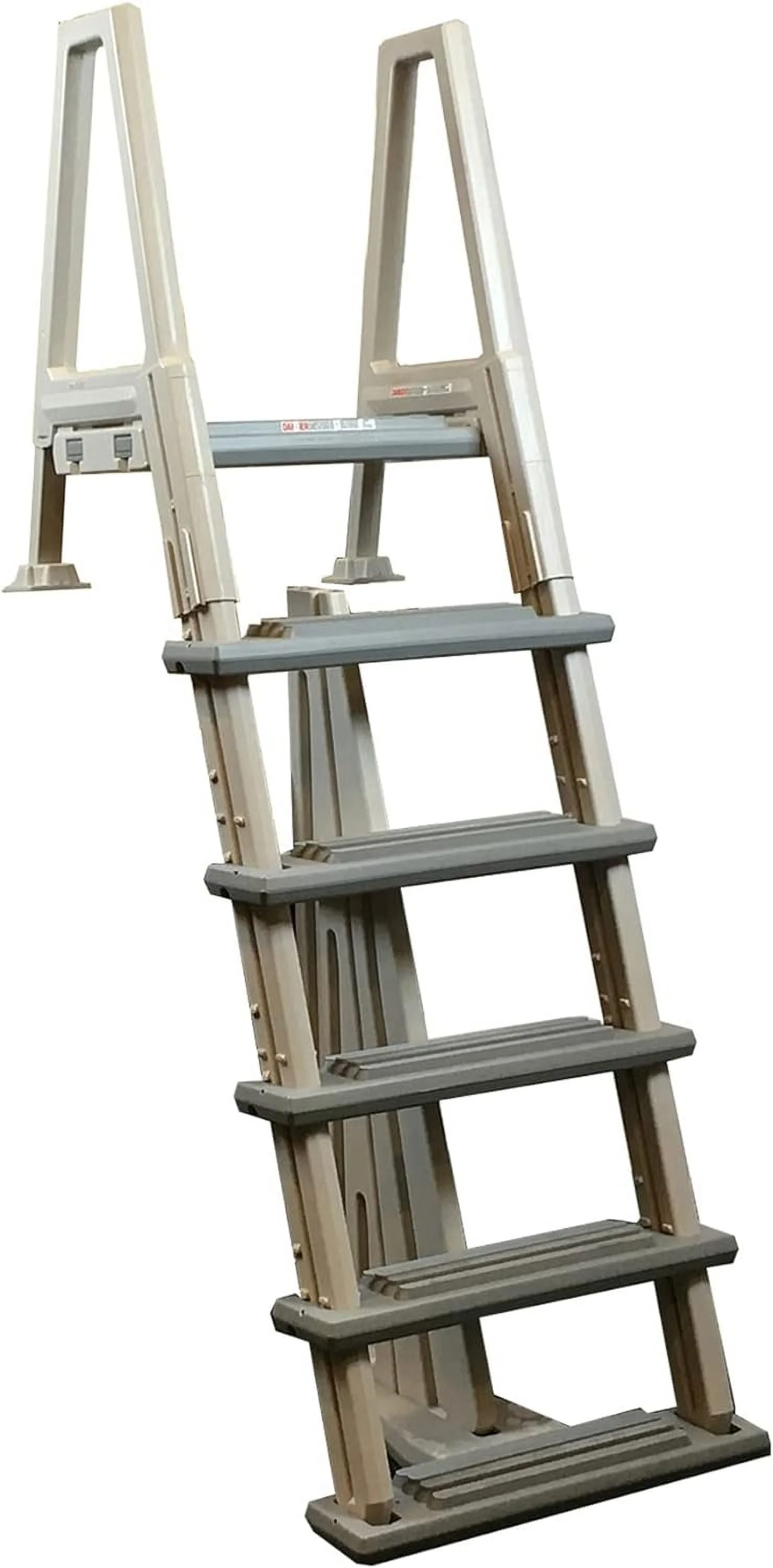 Heavy Duty Adjustable Above Ground In Pool Swimming Pool Ladder With Deck Platform, White Side Rails, And Grey Treads, Blue