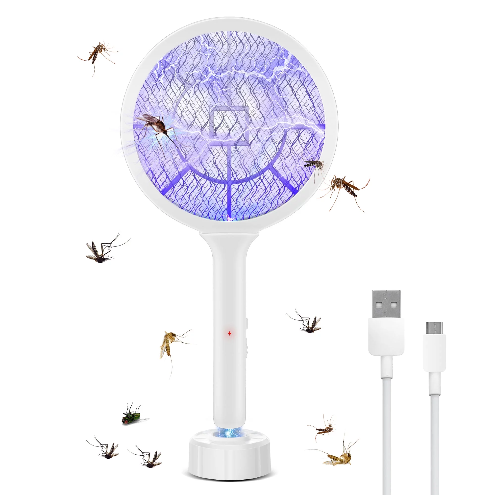 Electric Fly Swatter Racket 3000V Bug Zapper Dual Modes Mosquito Killer with Purple Mosquito Light Rechargeable for Indoor Home Office Backyard Patio Camping (White)