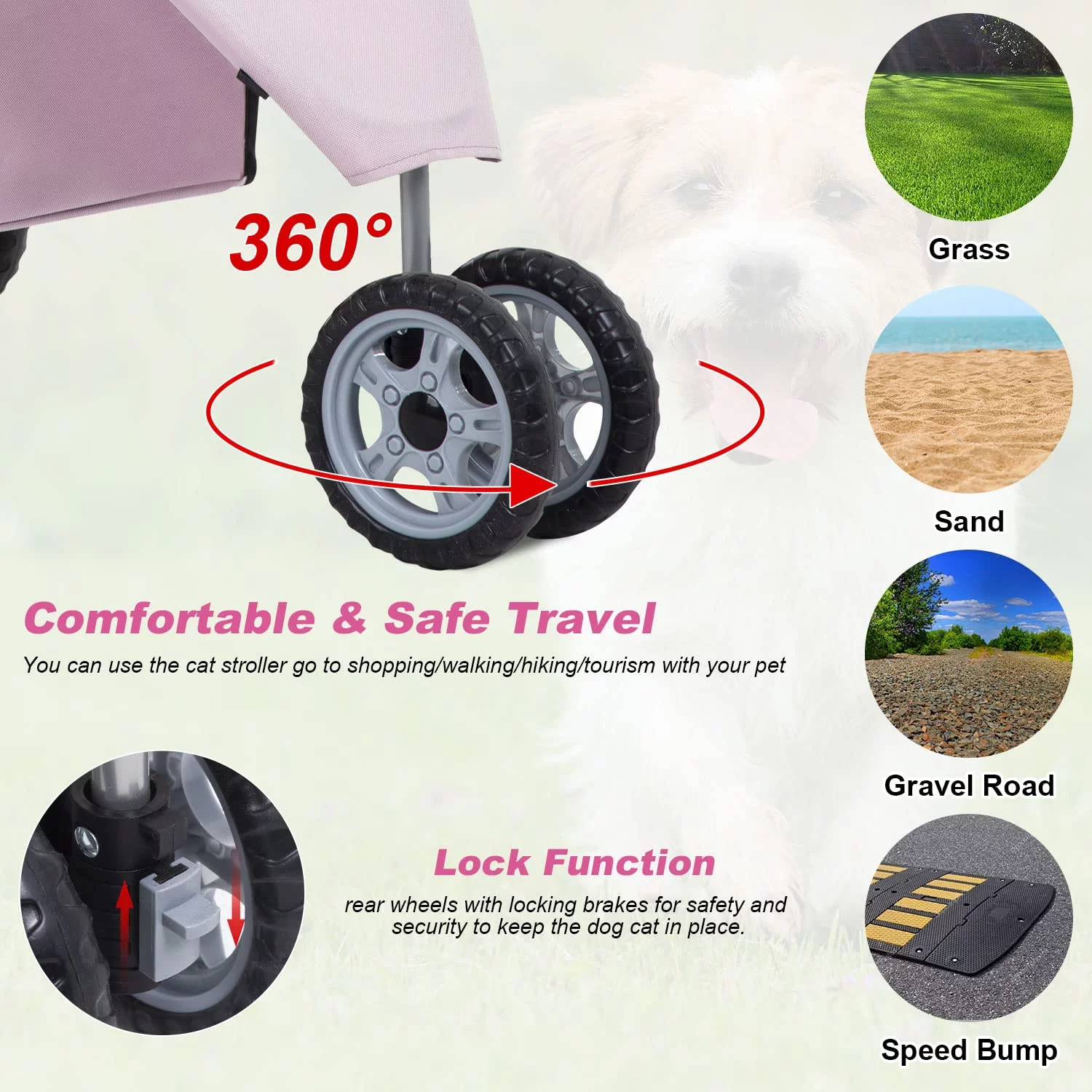 BestPet 3 Wheels Pet Stroller Dog Cat Stroller Folding Carrier Waterproof with Cup Holder (Light Pink)