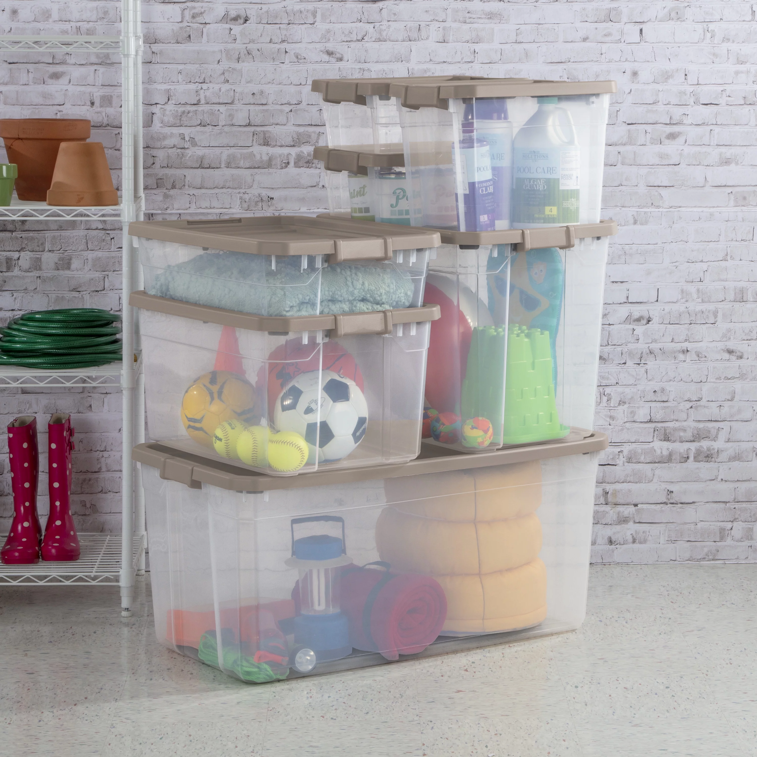 Sterilite Plastic 108 Qt. Stacker Box Taupe Splash Set of 4