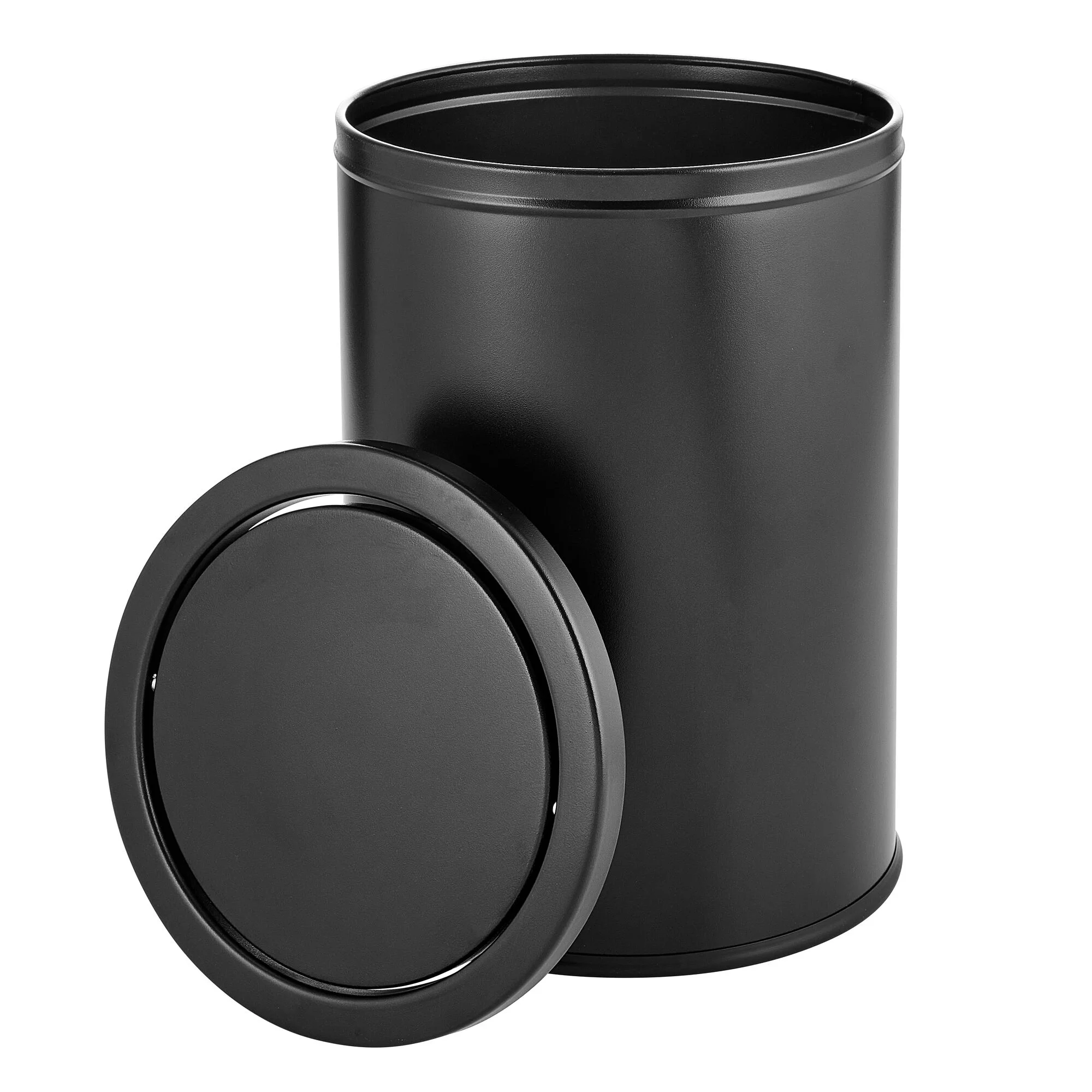 mDesign Small Round Metal 4.8 Gallon Covered Bathroom Swing Lid Trash Can, Black