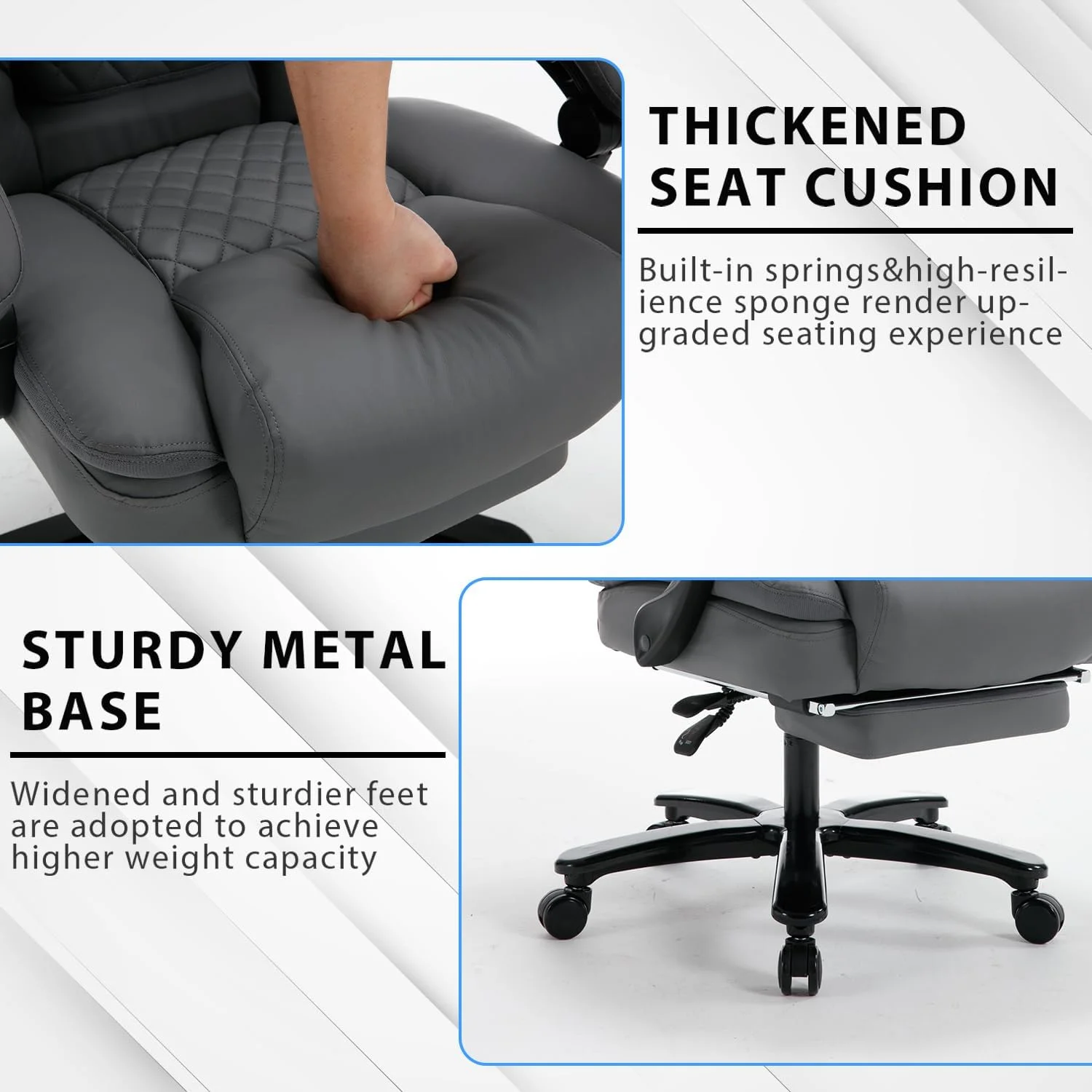 450lbs Big and Tall Reclining Office Chairs with Footrest & Lumbar Support, PU Leather Ergonomic Managerial Executive Chair with Wheels, Plus Size Recliner Desk Chair (Grey)