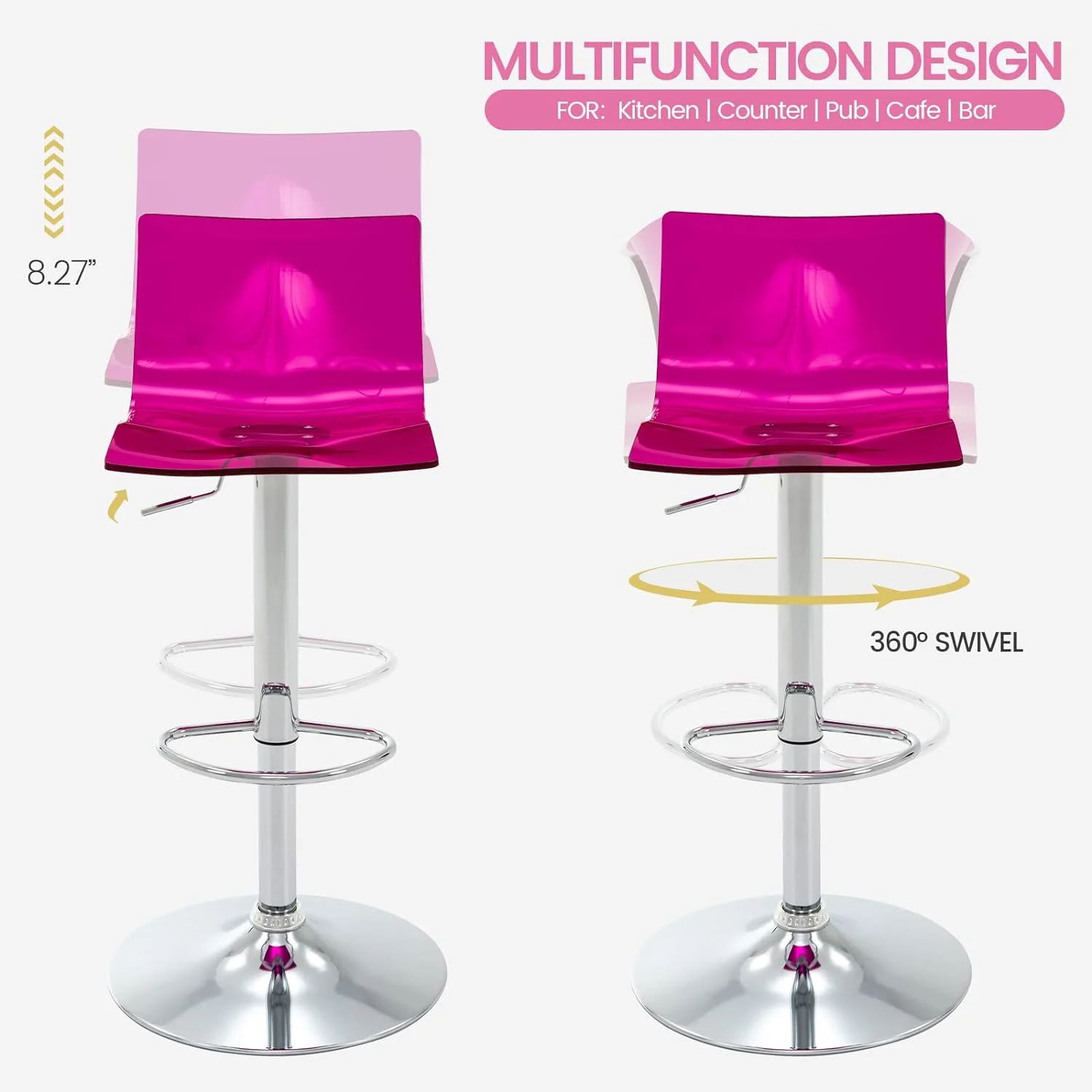 U-SHARE  Acrylic Bar Stools with Mid Back, Set of 2, Transparent Adjustable Swivel Airlift Barstools, Counter Height Bar Chairs for Kitchen Dining Room Pub Cafe (Clear)