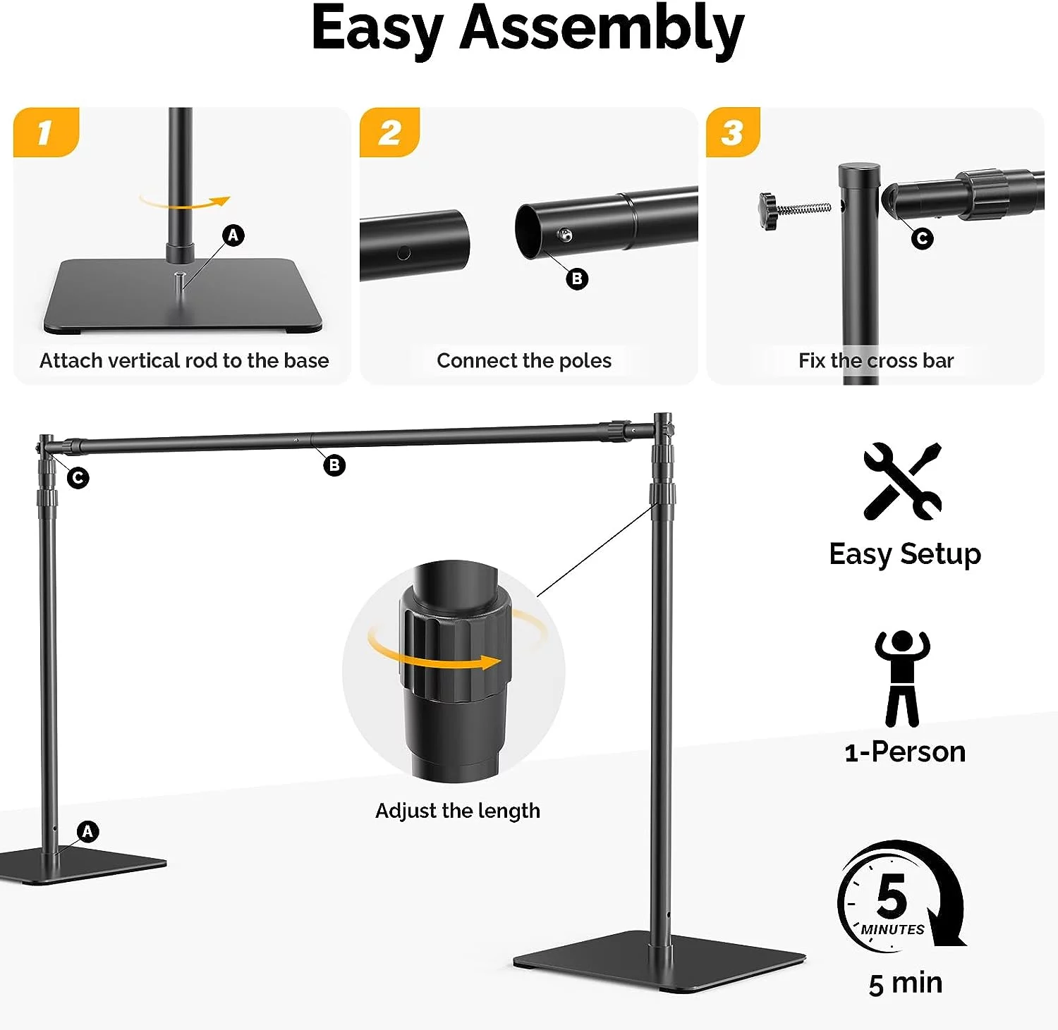 ShowMaven Backdrop Stand, 8x10 ft Adjustable Photo Backdrop Stand Kit, Heavy Duty Backdrop Stand with Steel Base for Photography, Photo Video Studio, Birthday Parties, Wedding (Black)