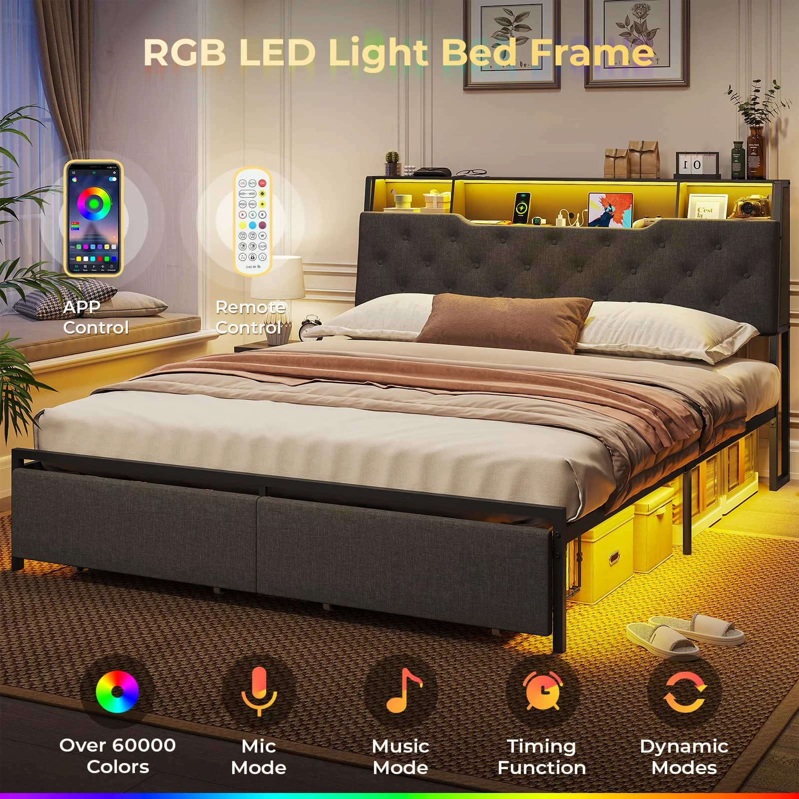 Afuhokles Full Bed Frame with Charging Station, Headboard Storage and 2 Drawers LED Lights, Dark Gray