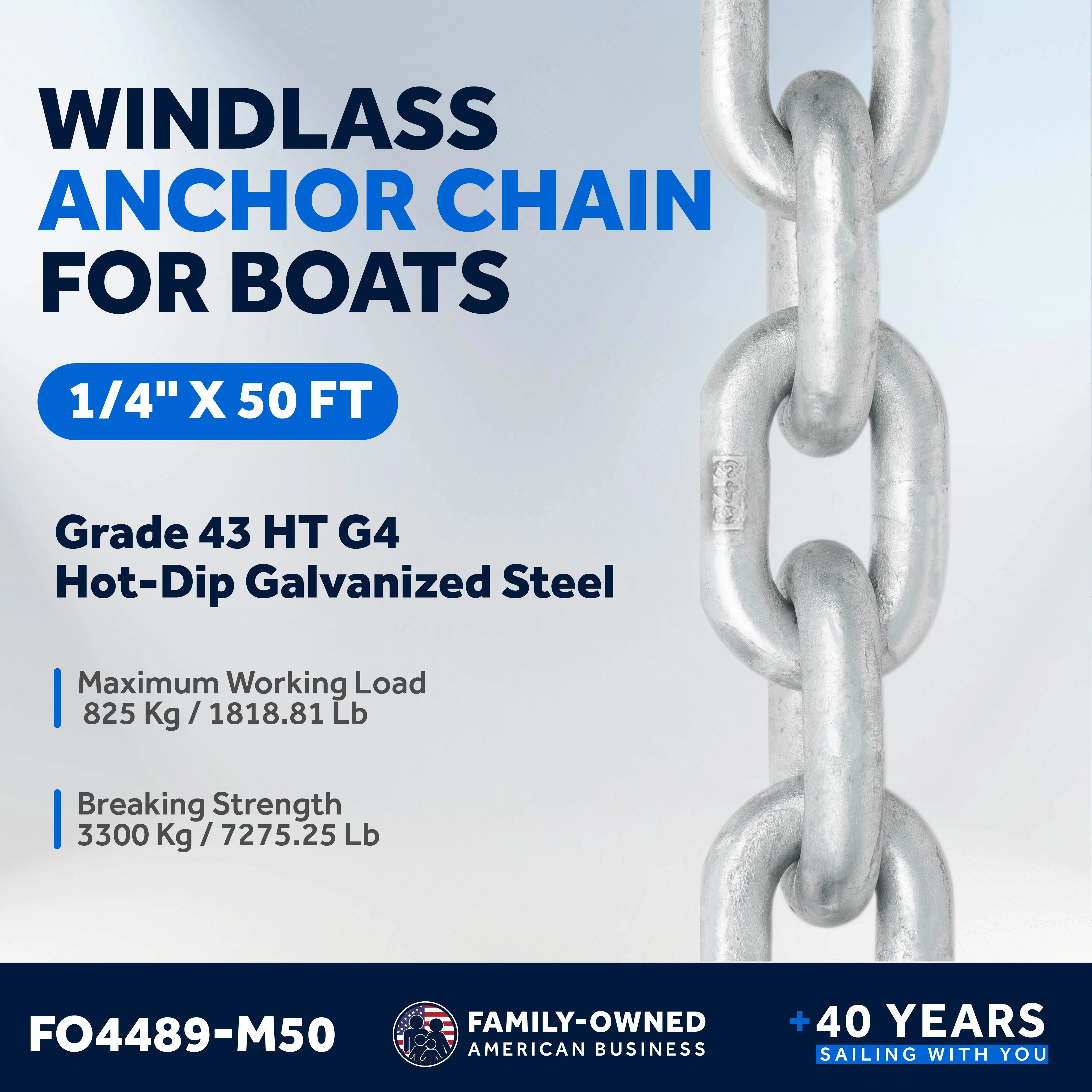 Five Oceans Marine Grade Windlass Anchor Chains for Boats, 1/4-Inch x 75 Ft, Grade 43 HT G4, High Test Hot Dip Galvanized Steel, Boat Anchor Chain - FO4489-M75