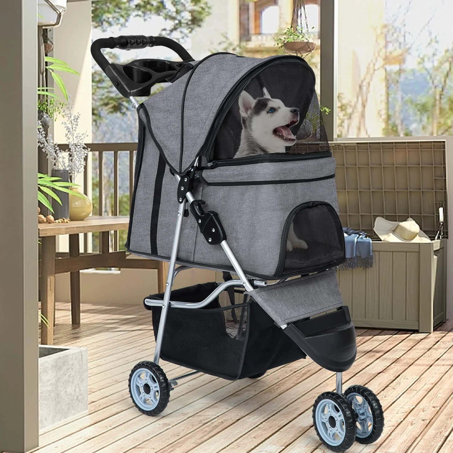 3 Wheels Pet Stroller Folding Dog Stroller Cat Stroller with Cup Holder & Storage Basket for Medium Small Dogs Cats, Grey