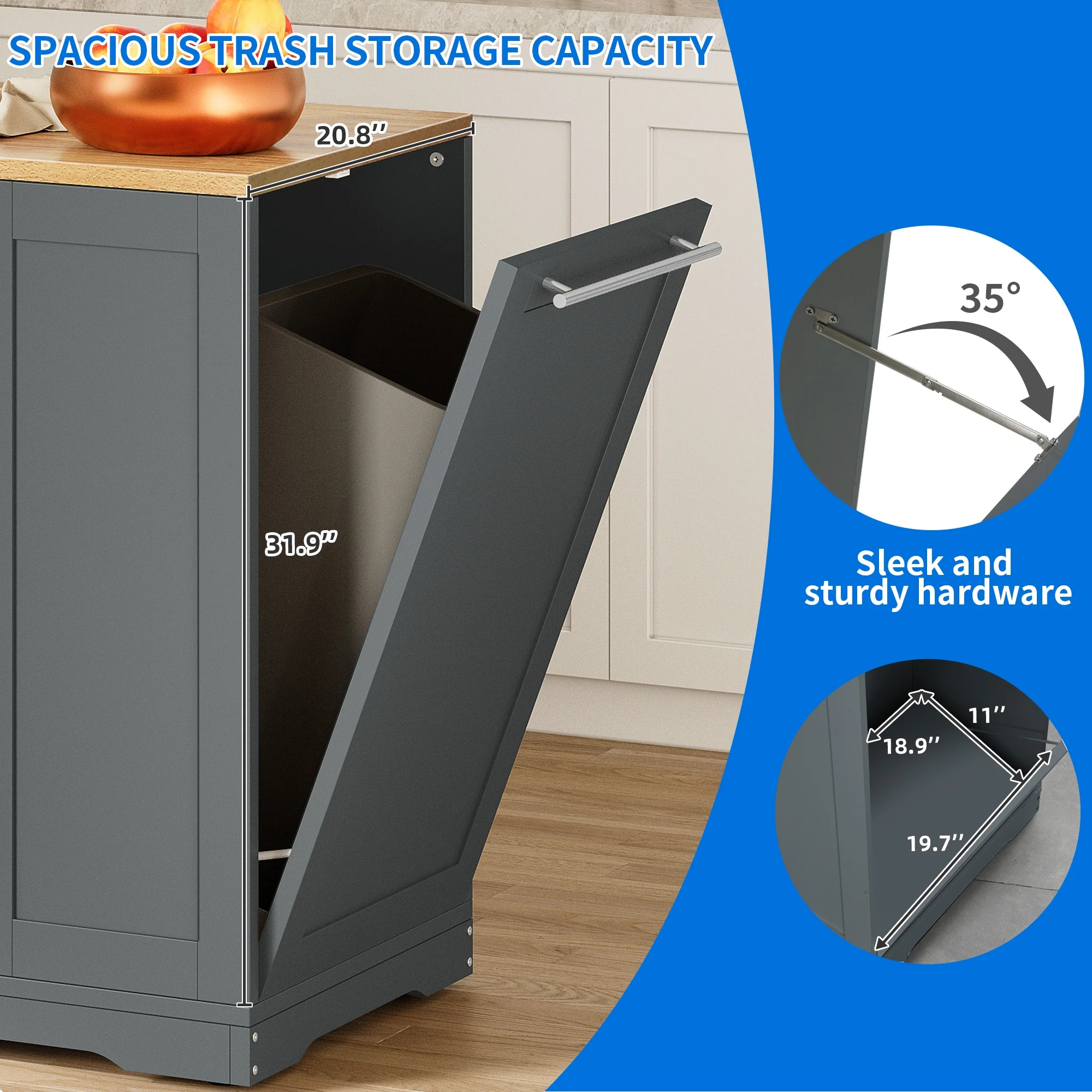 Dextrus Kitchen Island Cart with Trash Can Storage Cabinet, Rolling Kitchen Island Storage with Wheels and Drawers for 13-Gallon Trash Bin, Gray