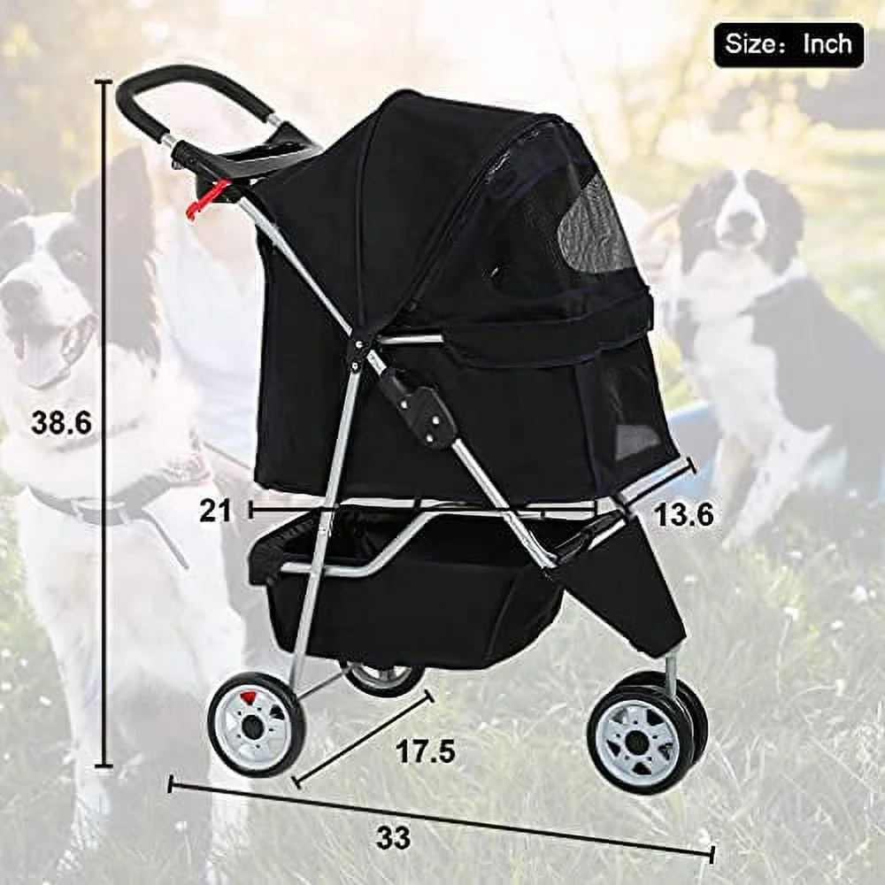 HGS Dog Stroller Pet Stroller 3 Wheels Travel Folding Carrier Strolling Cart for Medium Small Dogs&Cats, Pet Stroller Jogger Cat Dog Cage Pet Stroller, Black