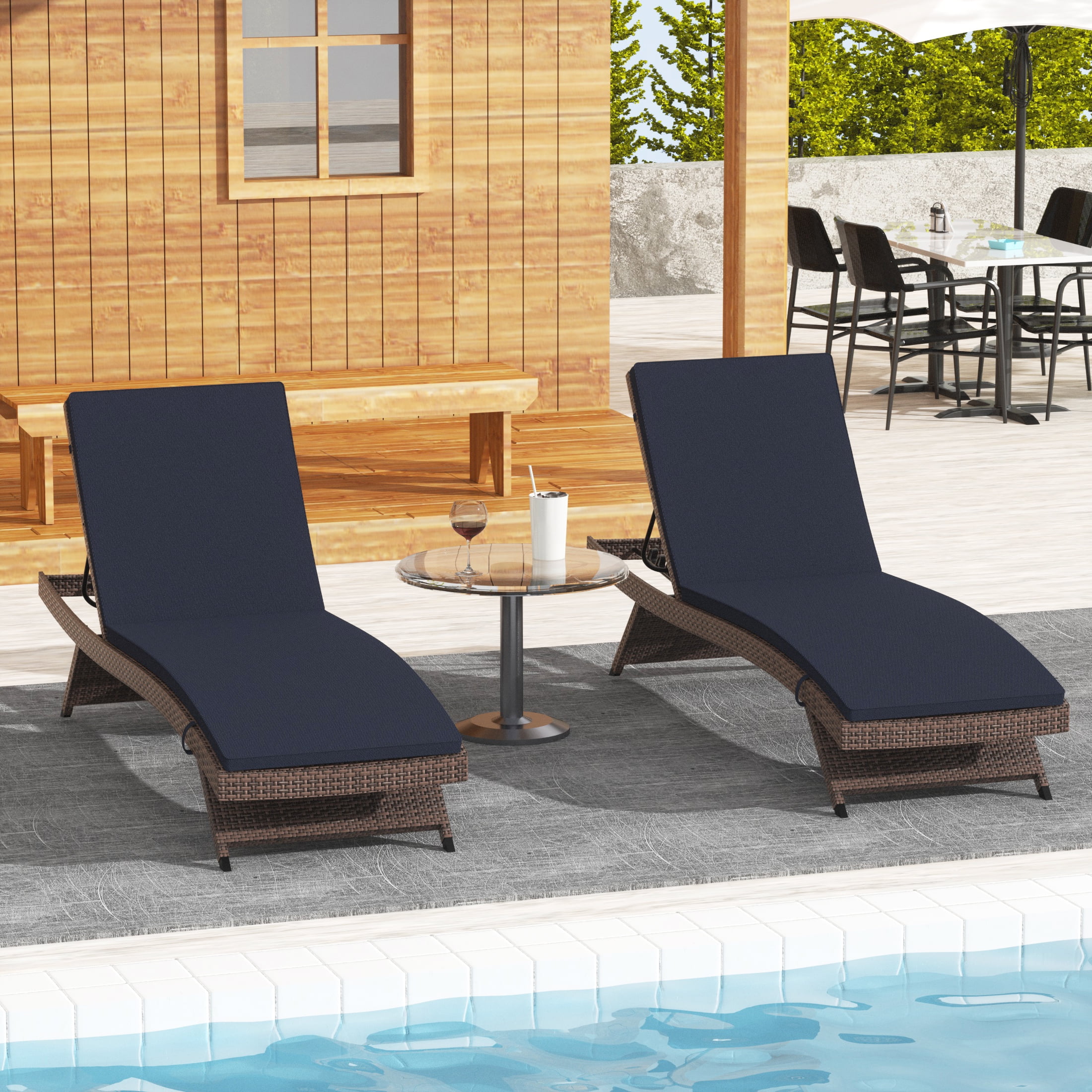 WestinTrends Somerset Wicker Outdoor Lounge Chairs Set of 2, All Weather PE Rattan Brown Double Chaise Lounge with Cushion, Curved Seat, 5 Position Recliner, Navy Blue