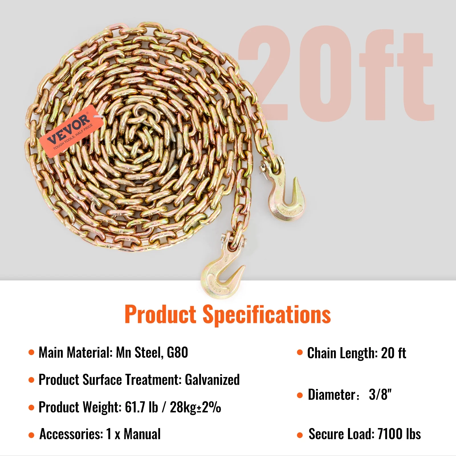 SKYSHALO Binder Chain G80 Tow Chain with Hooks 7100lbs Load 3/8'' x 20' 2 Pack