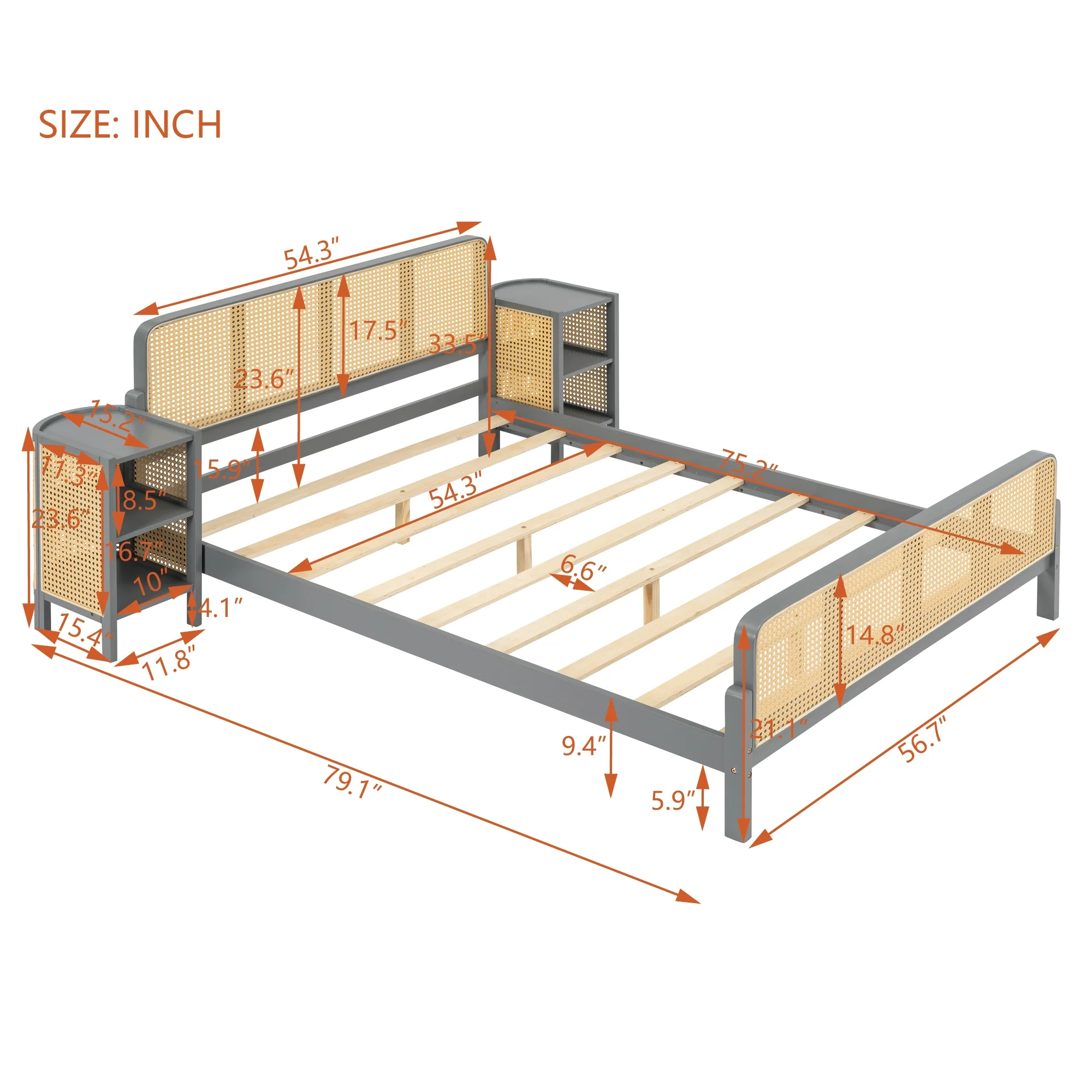 Churanty 3 Pieces Rattan Platform Bed Full Size Set with 2 Nightstands,Boho Bed Frame Full with Rattan Headboard and Footboard,Gray