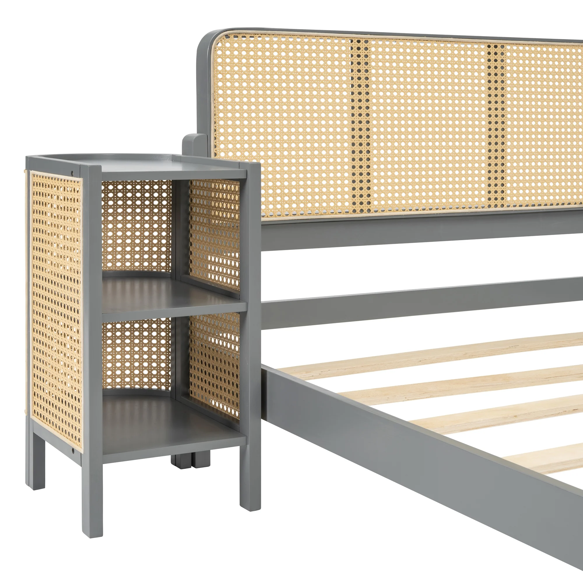 Churanty 3 Pieces Rattan Platform Bed Full Size Set with 2 Nightstands,Boho Bed Frame Full with Rattan Headboard and Footboard,Gray