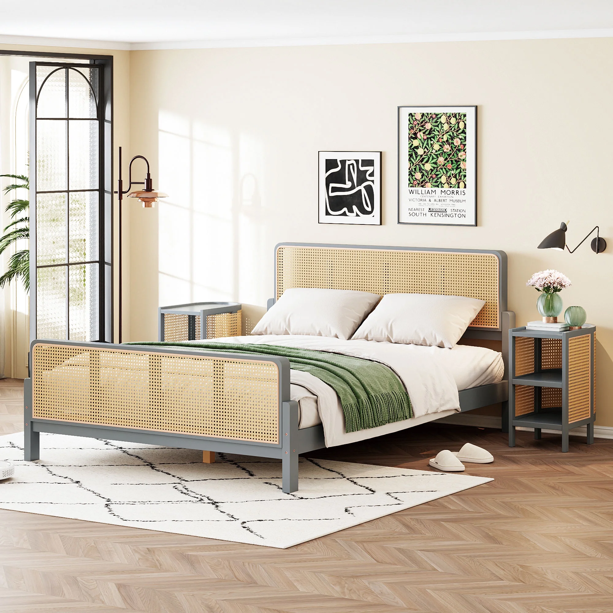 Churanty 3 Pieces Rattan Platform Bed Full Size Set with 2 Nightstands,Boho Bed Frame Full with Rattan Headboard and Footboard,Gray