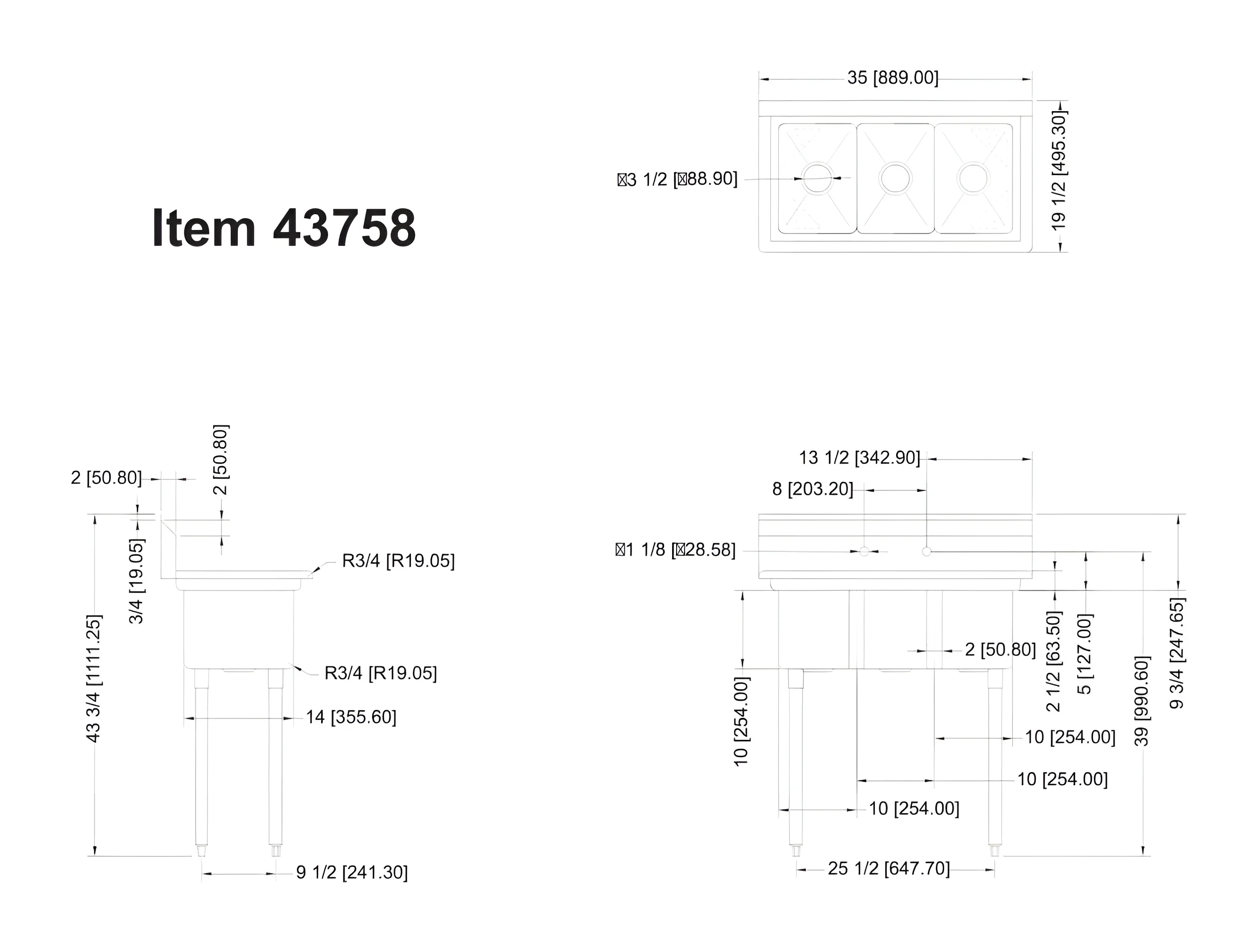 35 in. Commercial Heavy-Duty Three Compartment Sink in Stainless Steel 35.8''Wx20''Dx43''H