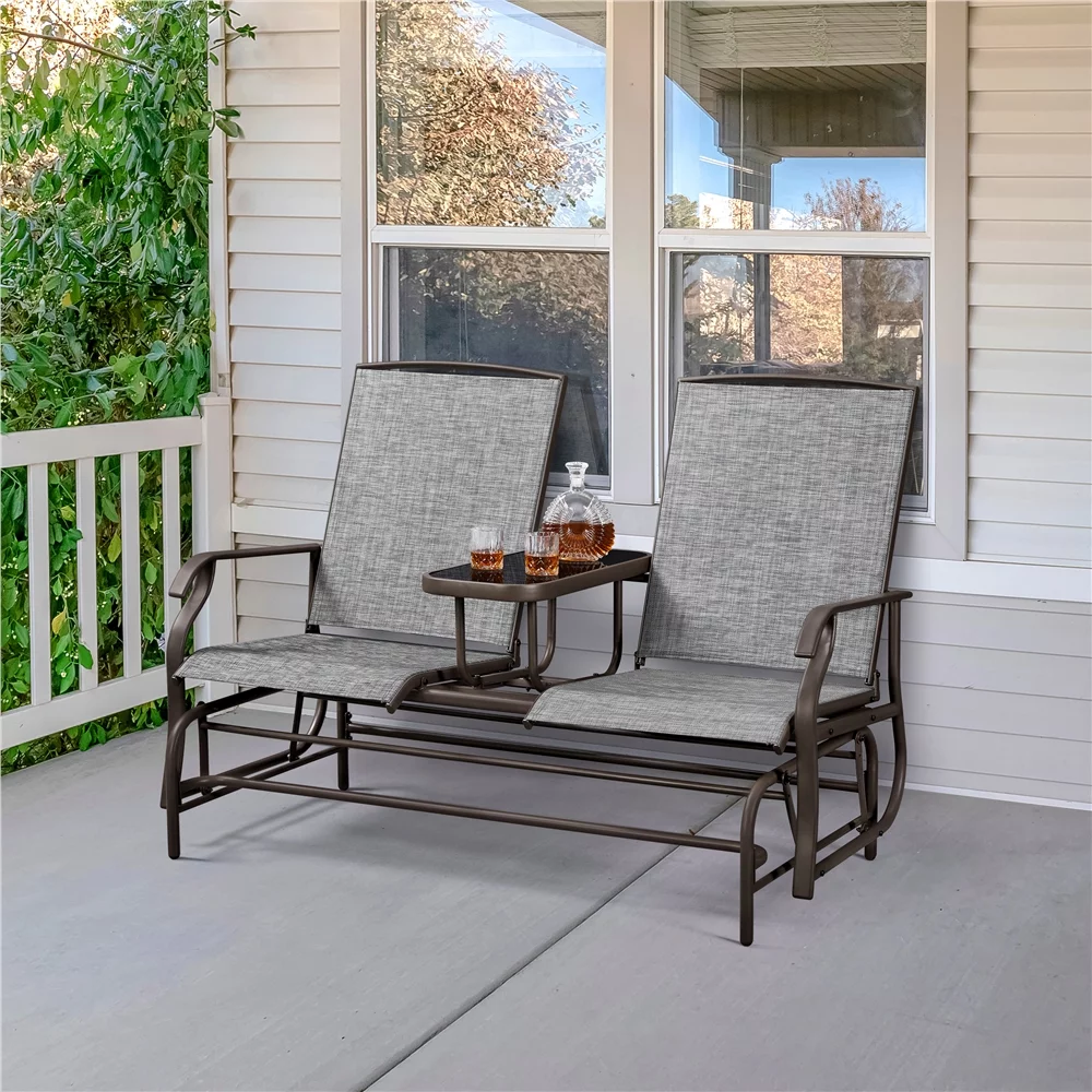 SmileMart 2-Seater Texteline Fabric Glider Bench with Table for Outdoor