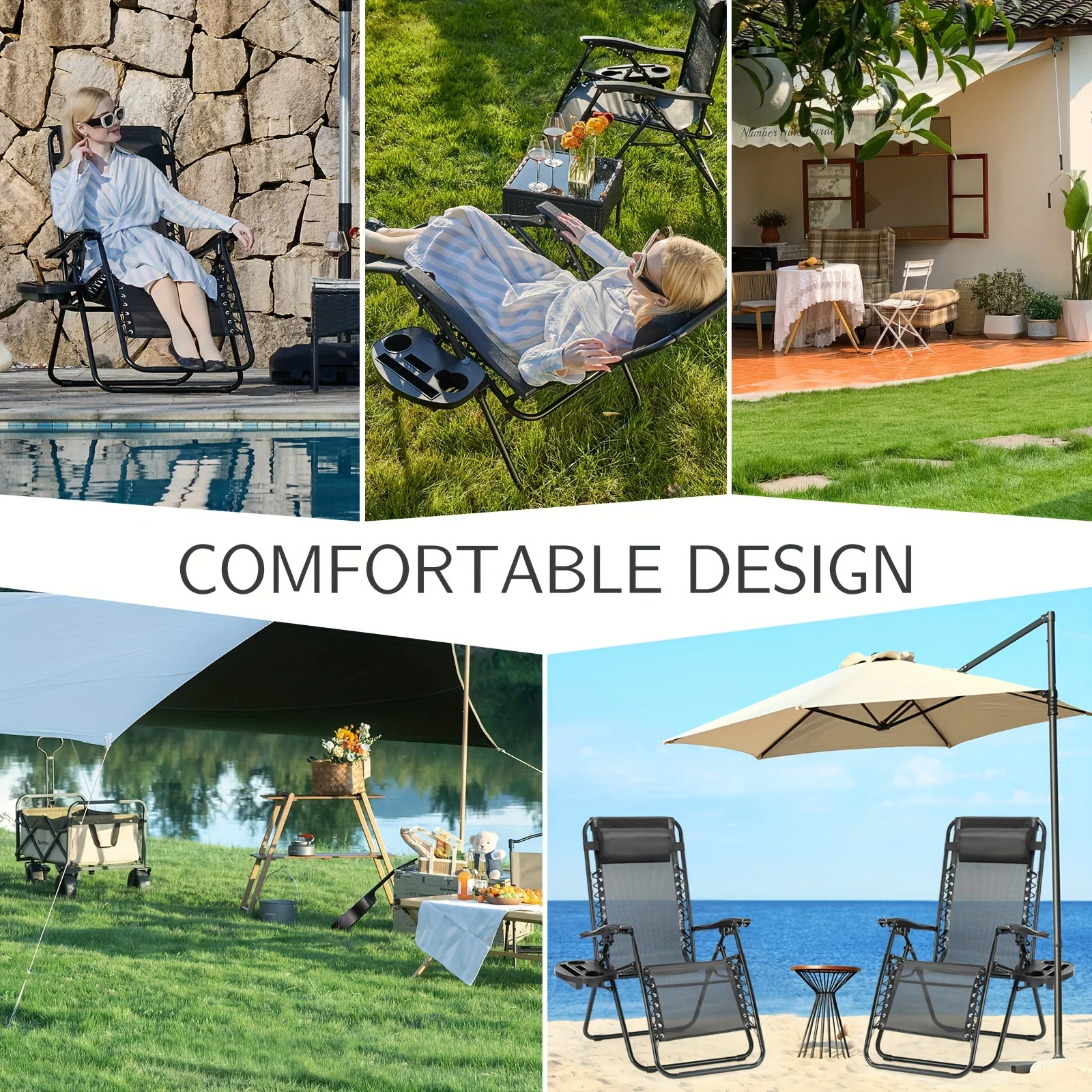 Zero  Gravity Lounge Chairs Set Of 2, Portable Folding Recliner Beach Camping Patio Outdoor Chair With Cup Holder Trays And Adjustable Pillow For Pool, Backyard, Lawn