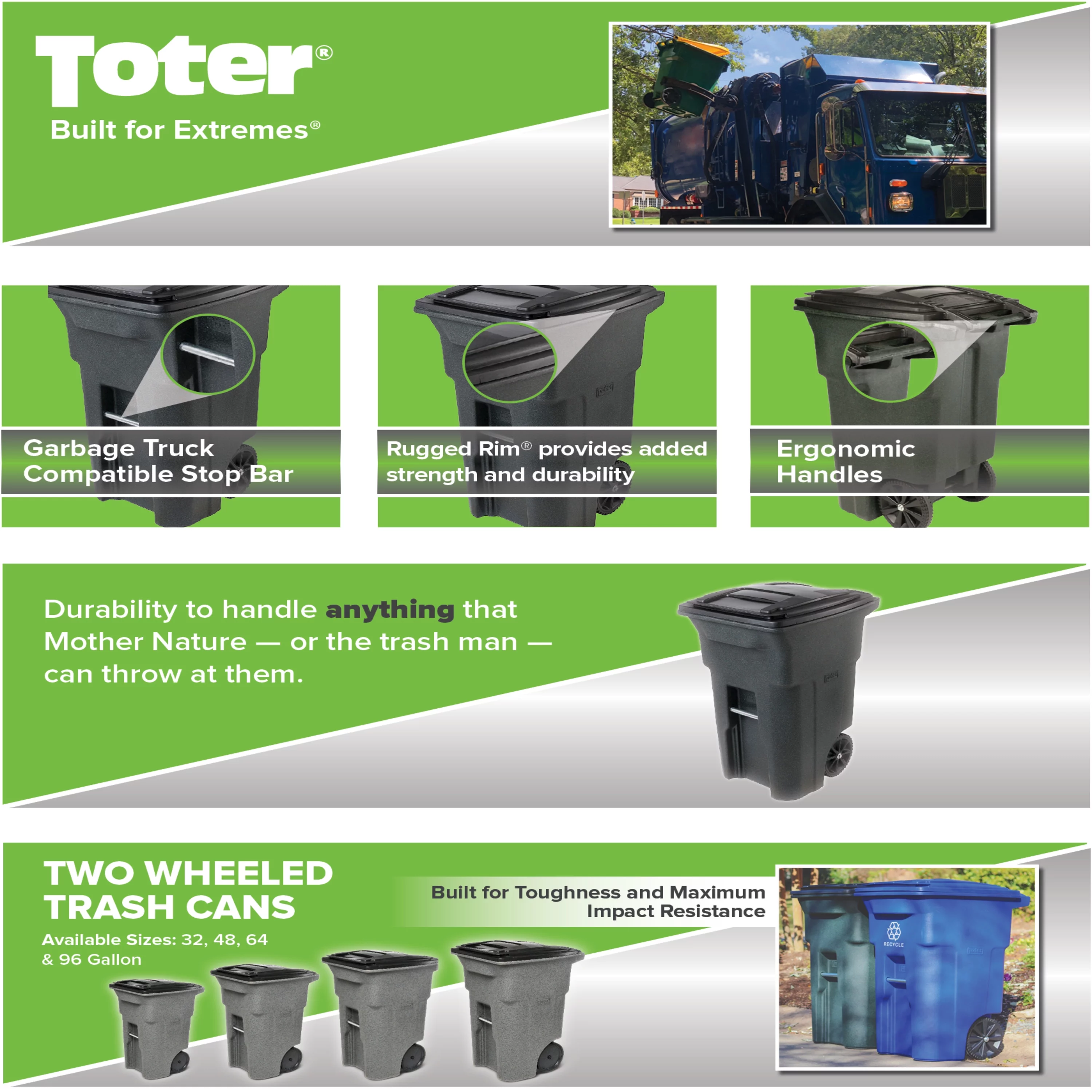 Toter Trash Can Graystone with Wheels and Lid, 64 Gallon