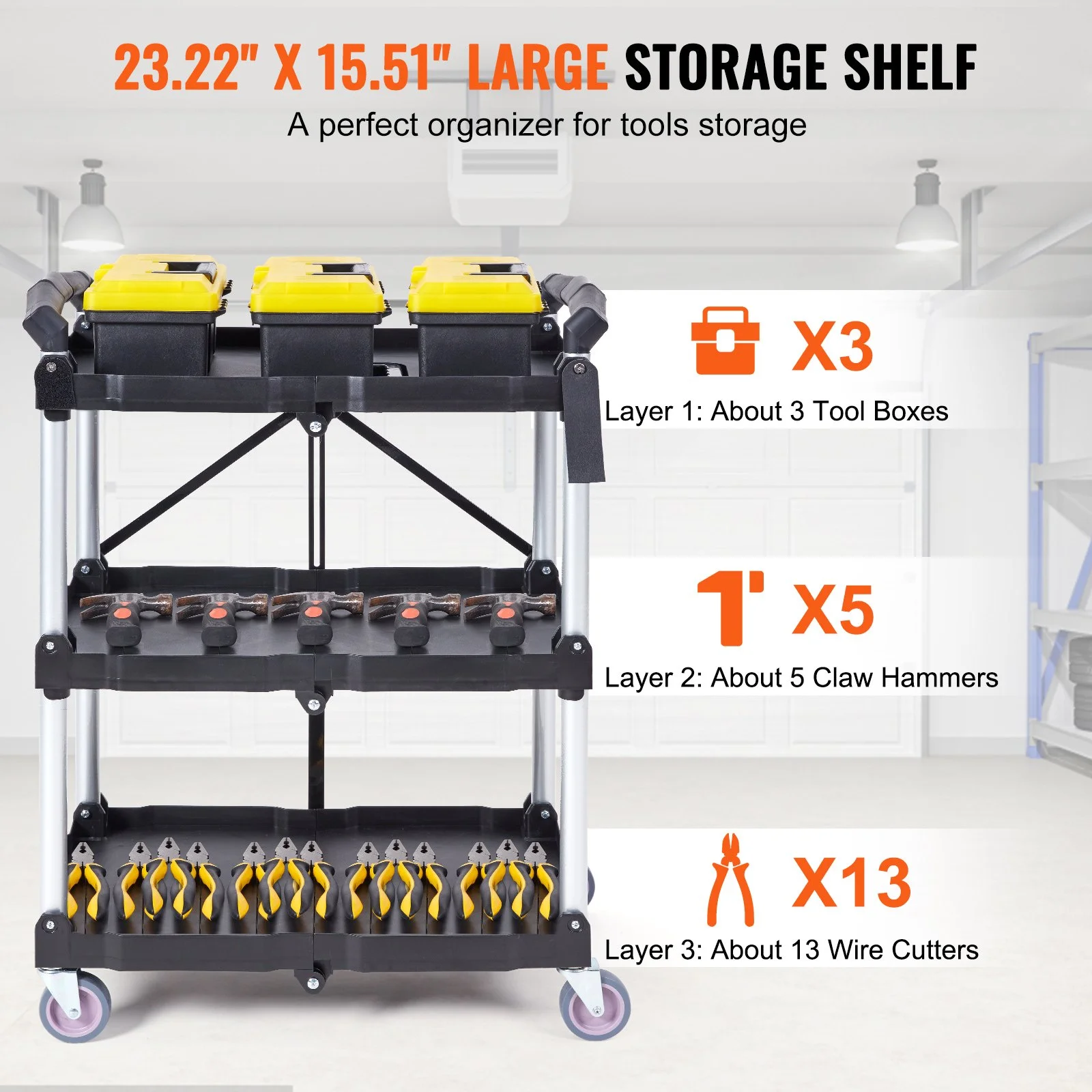 EVOR 3-Shelf Rolling Utility Cart - 165LBS Capacity, Foldable, Lockable Wheels, for Warehouse, Office, Home - 25.6x15.4x32.8 inches