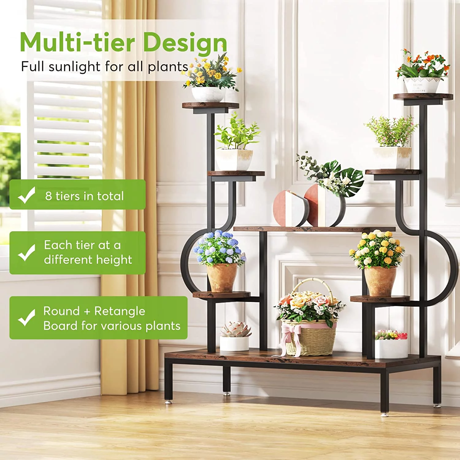 Tribesigns Large Tall Plant Shelf for Multiple Plants Round & Square Board, 8-tier Metal Plant Stand Indoor Outdoor