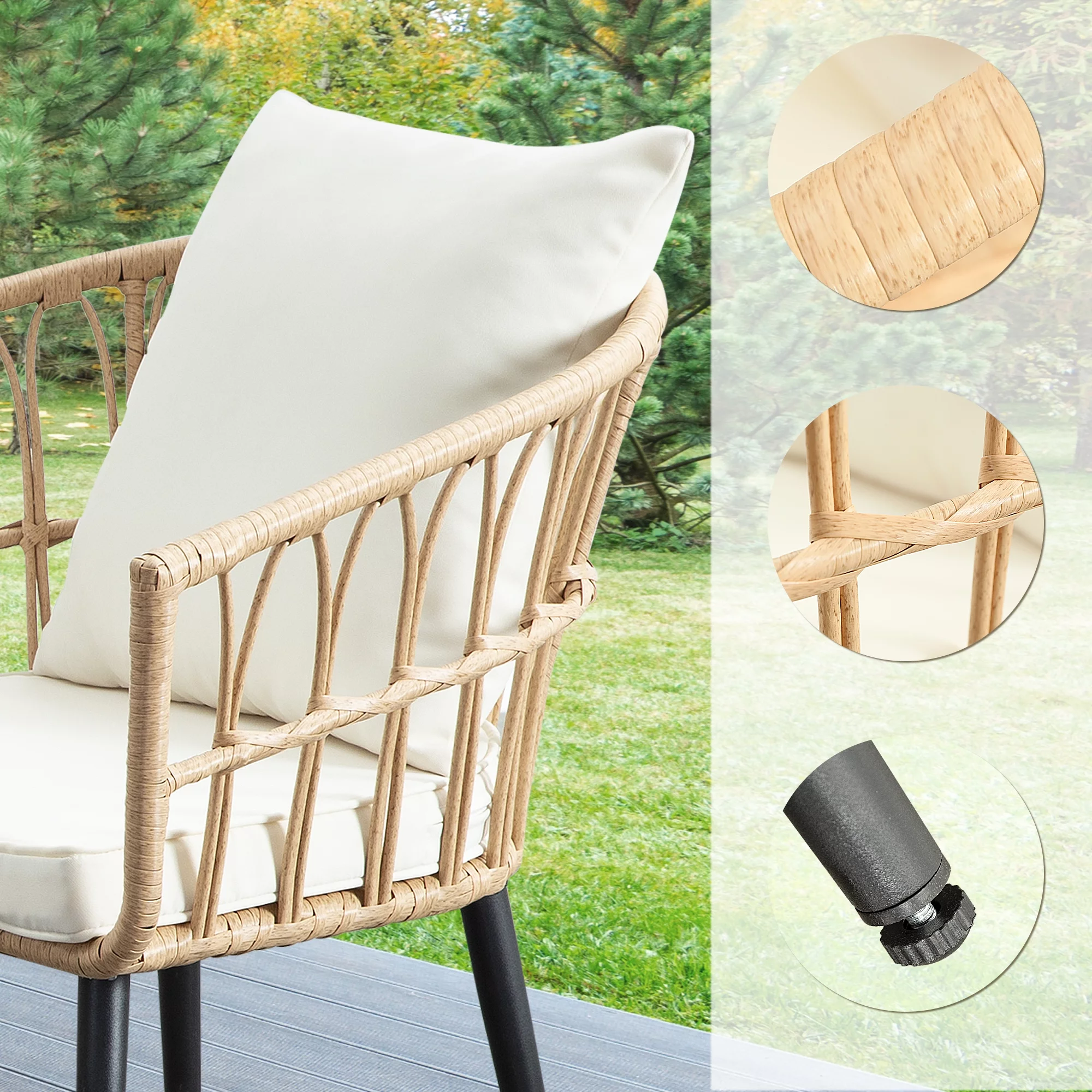 FHFO 3 Pieces Wicker Bistro Sets, Outdoor Rattan Conversation Furniture with Soft Cushions and Glass Table for Patio,Backyard ,Balcony,Deck