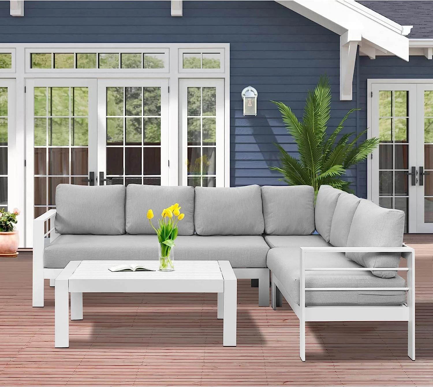 Lane Aluminum Outdoor Patio Furniture Set  Metal Outside Patio Furniture Conversation Sets with Dining Table&2 Ottomans  Sectional Sofa Couch Seating Set with Cushion for Backyard