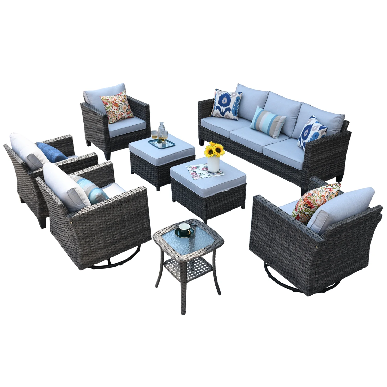 Ovios Outdoor Patio Furniture Set with 360 Degree Swivel Rocking Chairs All Weather 8 Pieces Patio Sectional Sofa Balcony Decor