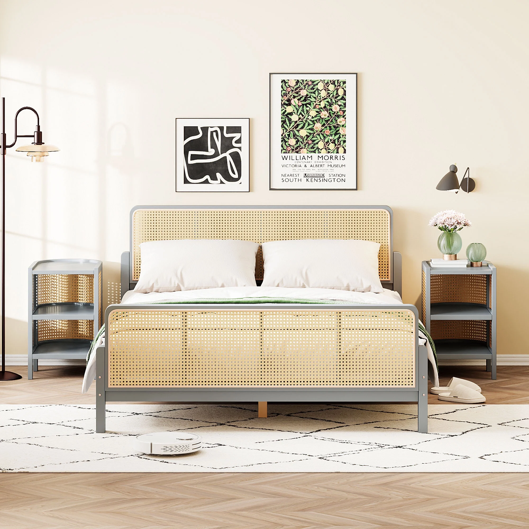 Churanty 3 Pieces Rattan Platform Bed Full Size Set with 2 Nightstands,Boho Bed Frame Full with Rattan Headboard and Footboard,Gray