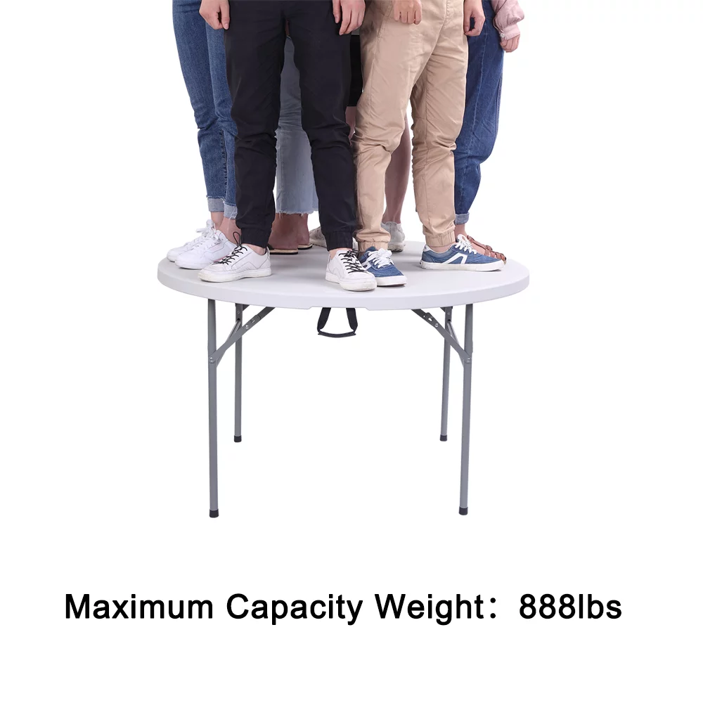 Patio Dining Table 48 Inch Fold-in-Half Round Folding Table Indoor Outdoor Utility Table with 4 Steel Feet,Carrying Handle,White