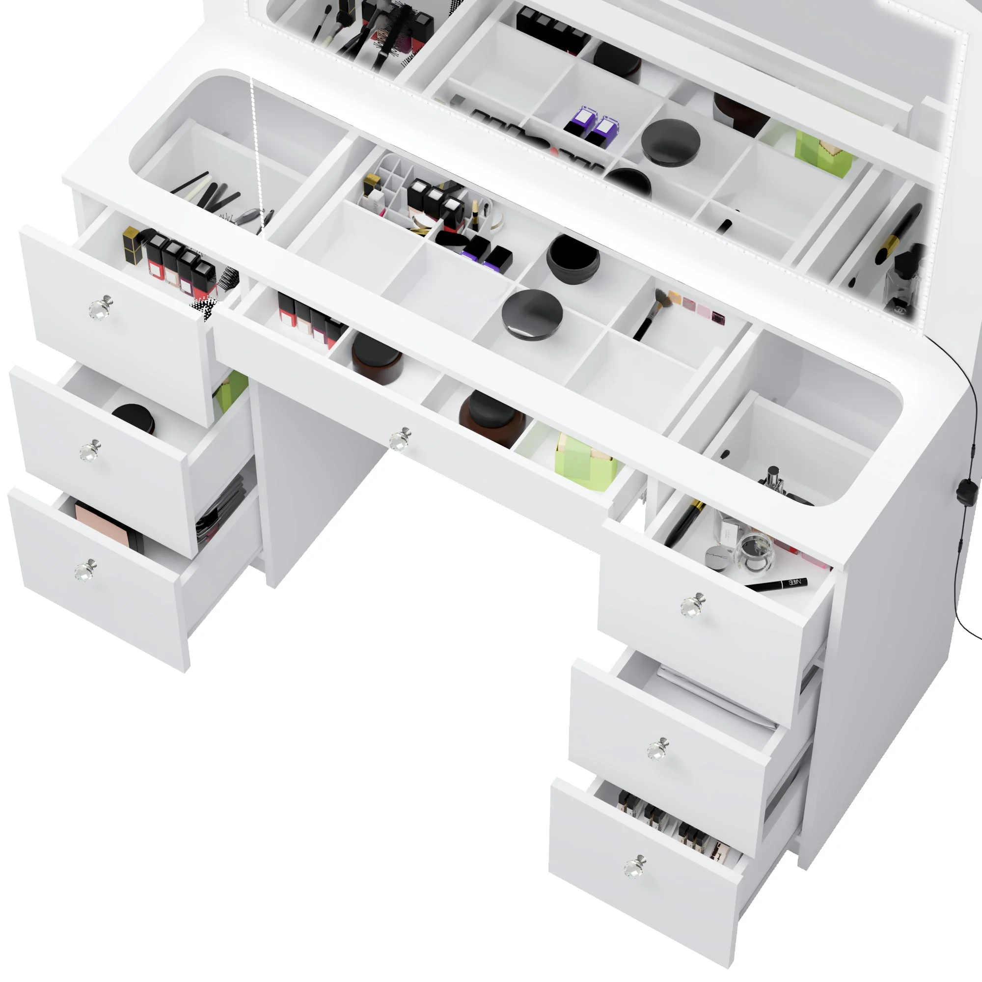 Boahaus Seraphine White Modern Vanity Desk with Mirror, LED Lights, 7 Drawers, Crystal Ball Knobs, for Bedroom