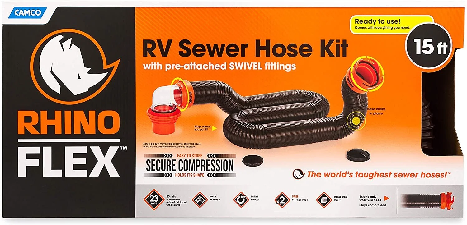 Camco RhinoFLEX 15ft RV Sewer Hose Kit, Includes Swivel Fitting and Translucent Elbow with 4-In-1 Dump Station Fitting, Storage Caps Included - 39761