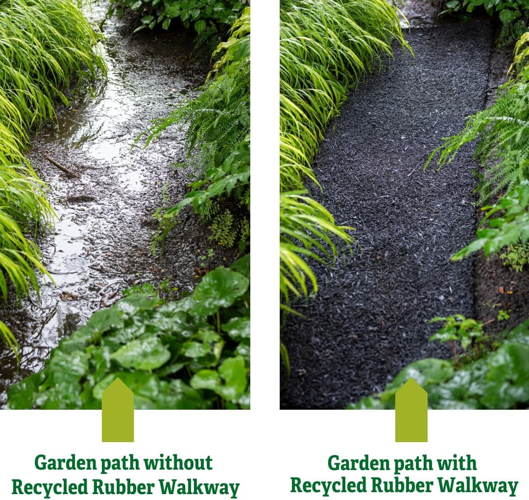 Recycled Rubber Walkway | Natural Looking Permanent Mulch Pathway Solution and Plants Vegetables & Flower Garden Barrier | Garden Edging Border Mat - 8' x 2'