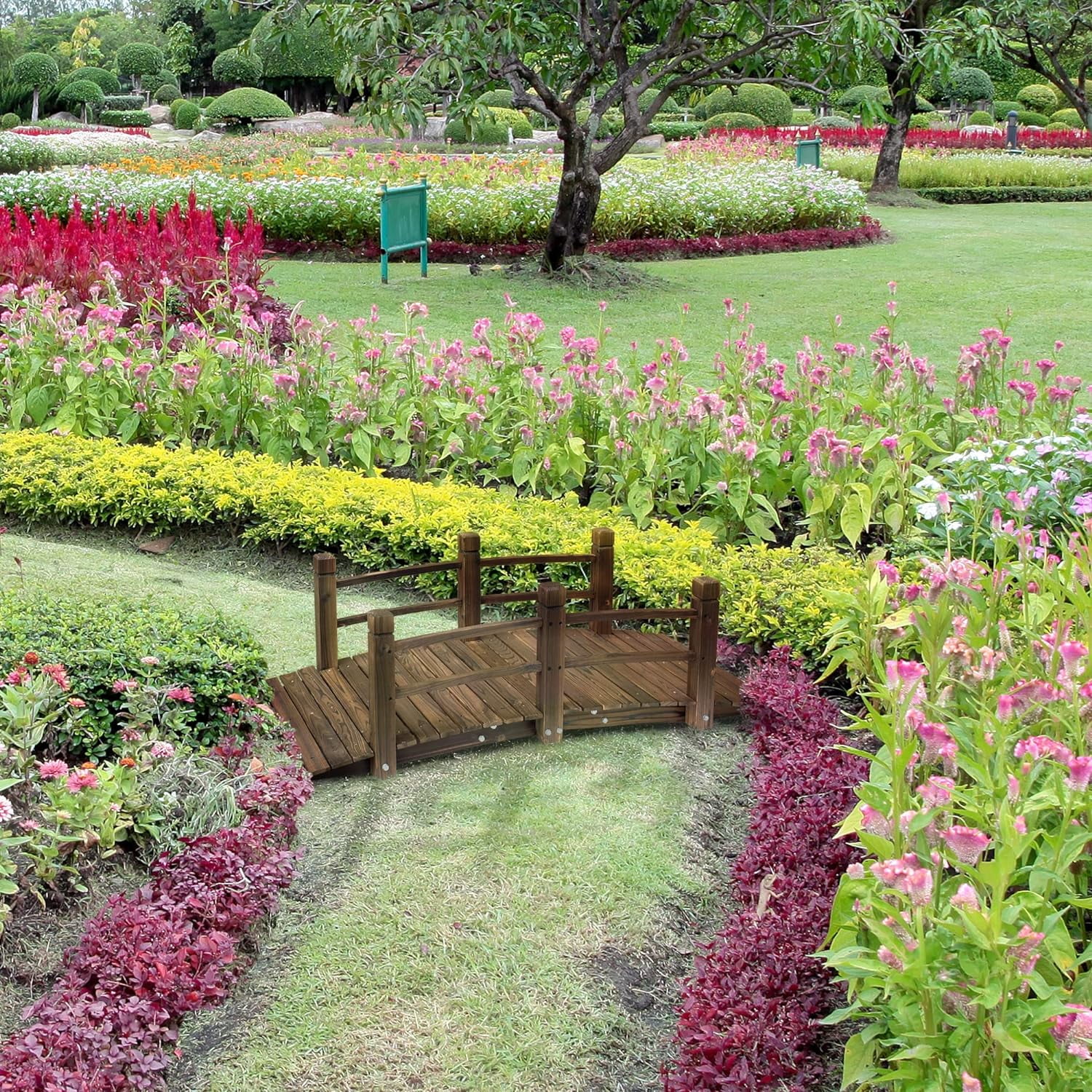 Fir Wood Garden Bridge Arc Walkway with Side Railings for Backyards, Gardens, and Streams, Stained Wood, 60