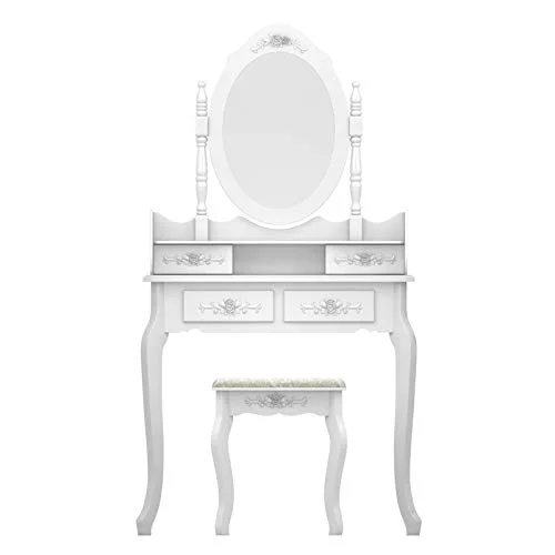 EEBUIHUI Vanity Set with 4-Drawer 360-Degree Rotation Removable Mirror Dresser, Makeup Vanity Table with Stool, Vanity Desk for Bedroom Large Storage Makeup Desk (White12)