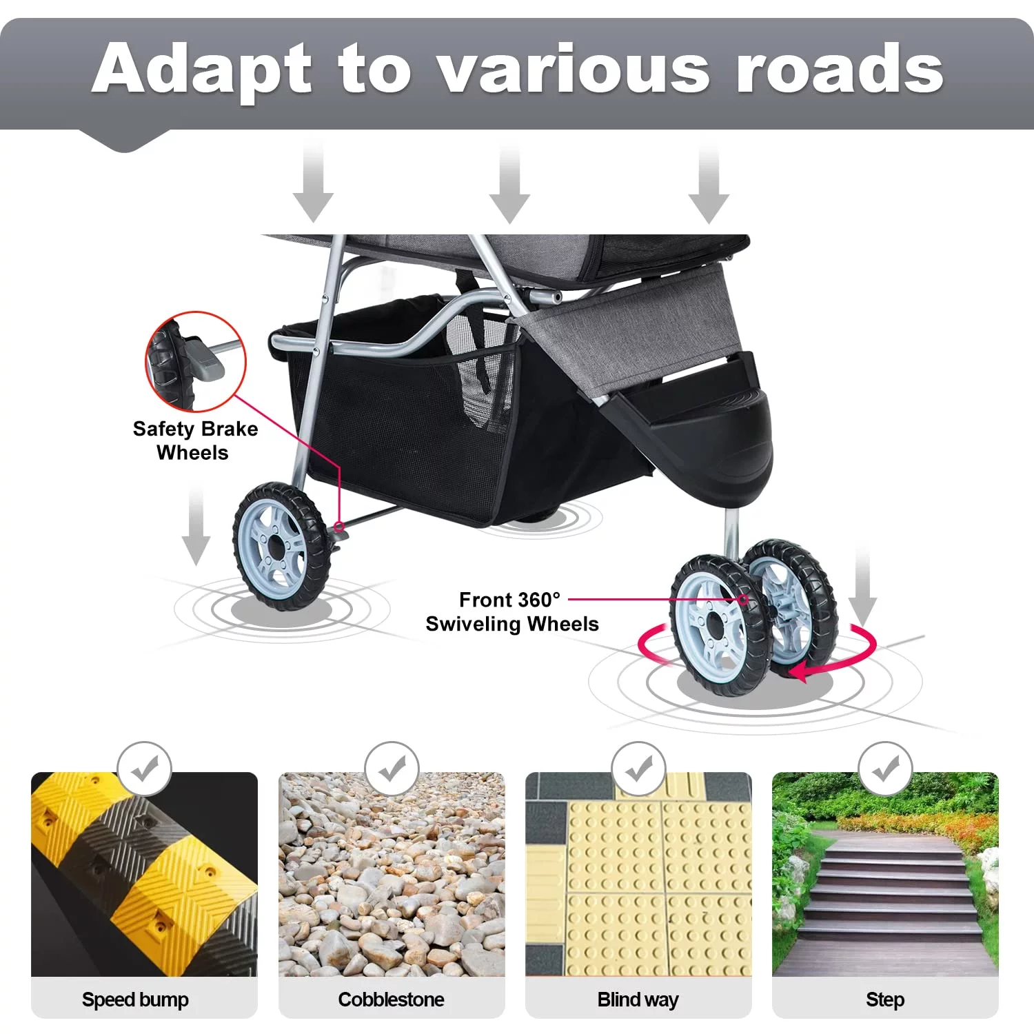 YRLLENSDAN Foldable Pet Stroller, Dog Stroller Small Dogs 3 Wheel Pet Carriers for Small Dogs with Wheels Cat Stroller w/Storage Basket for Medium Dogs