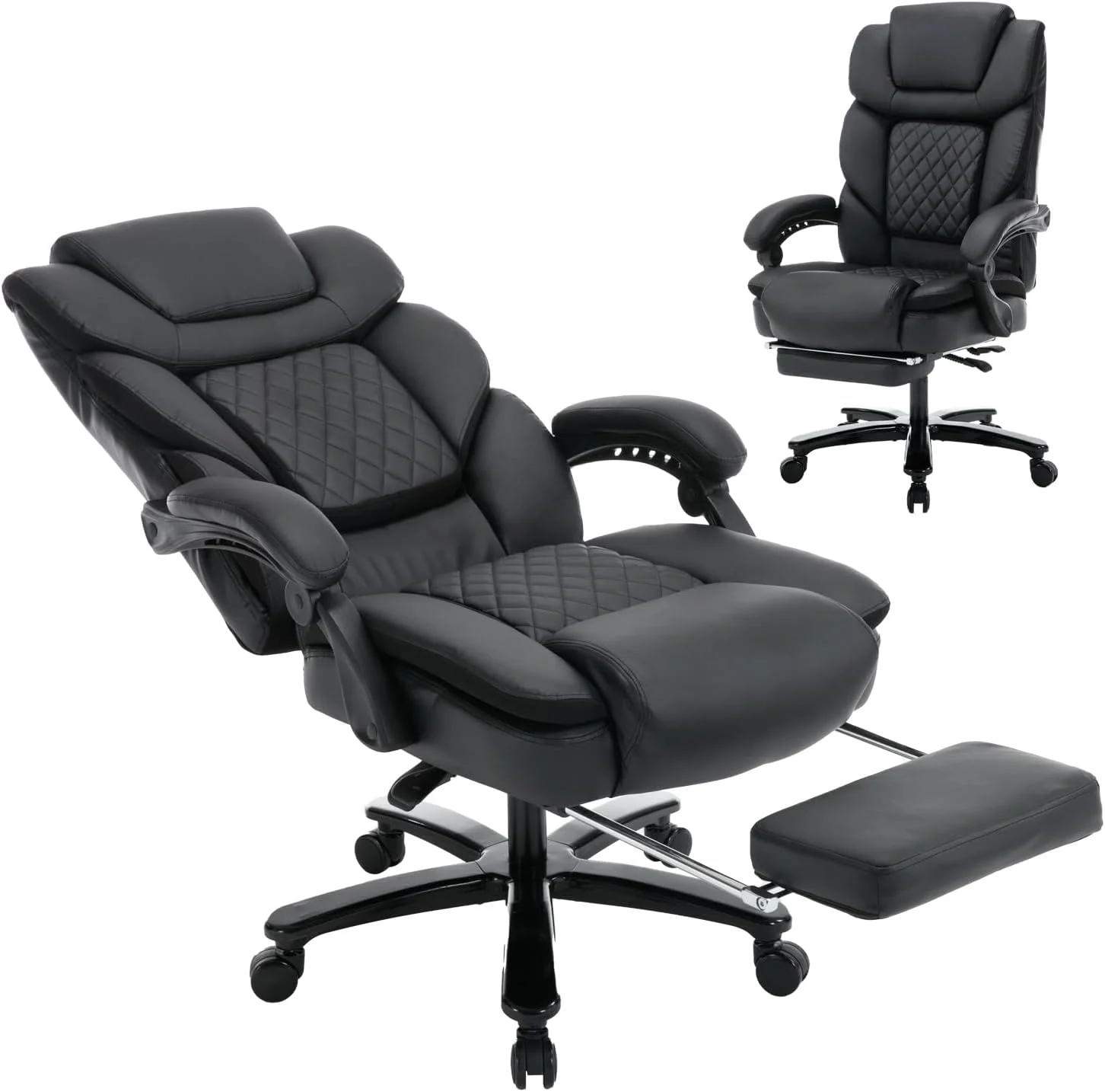 450lbs Big and Tall Reclining Office Chairs with Footrest & Lumbar Support, PU Leather Ergonomic Managerial Executive Chair with Wheels, Plus Size Recliner Desk Chair (Grey)