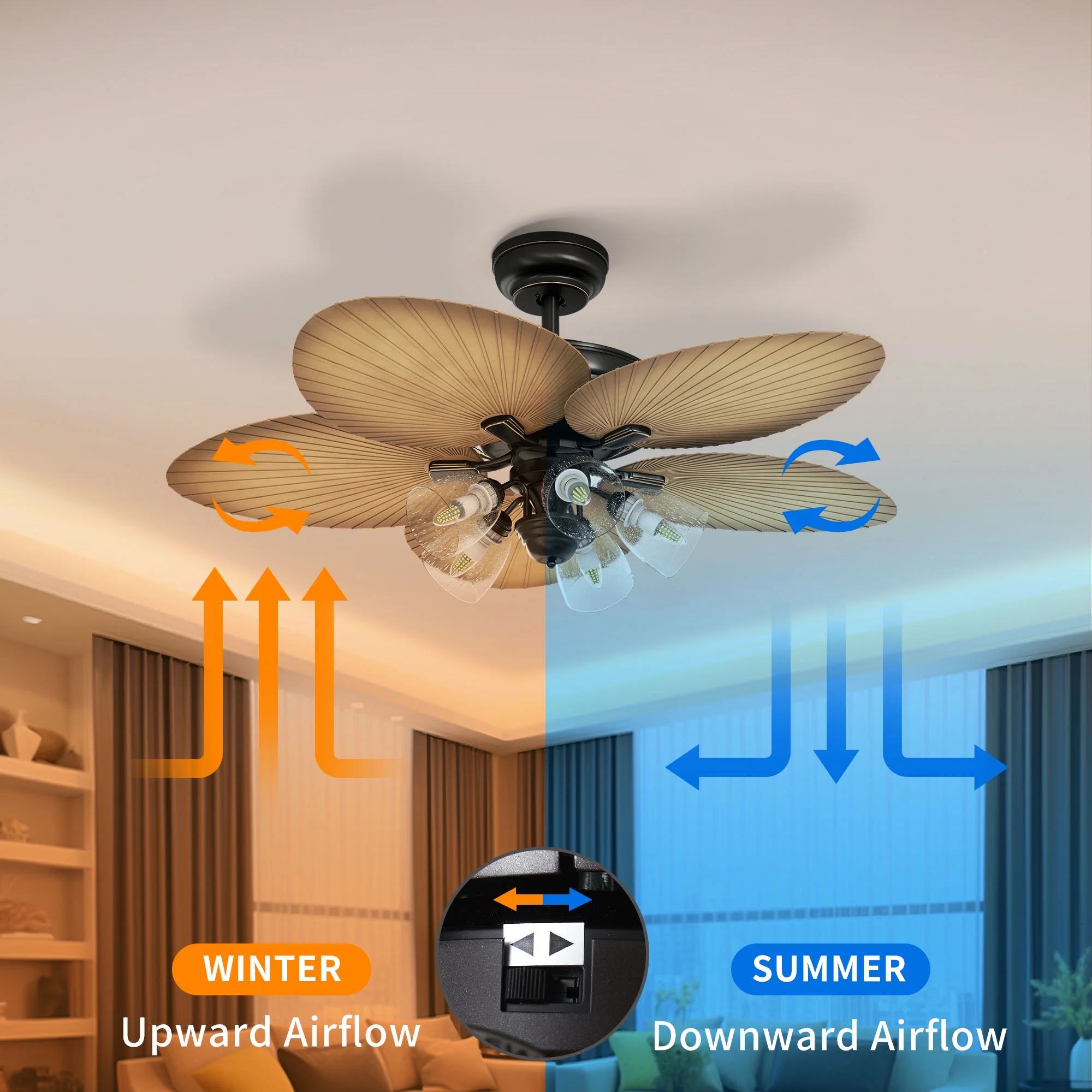 Dextrus 52in Tropical Ceiling Fans with Light and Remote, 5 Palm Leaf Blades, 3 Speed, Timer - Black & Brown