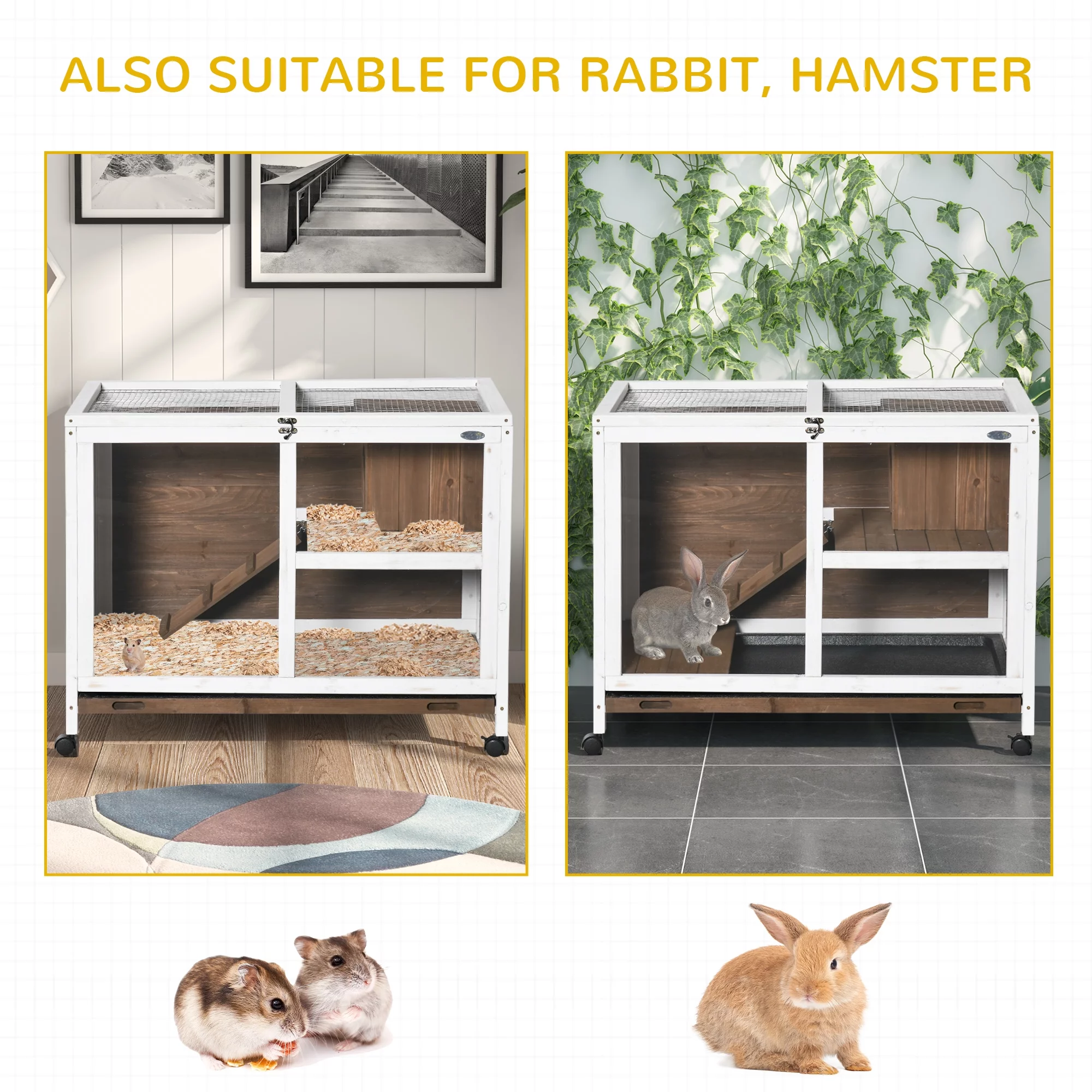 PawHut Indoor Rabbit Hutch with Wheels, Desk and Side Table Sized, Wood Rabbit Cage, Waterproof Small Rabbit Cage, Brown